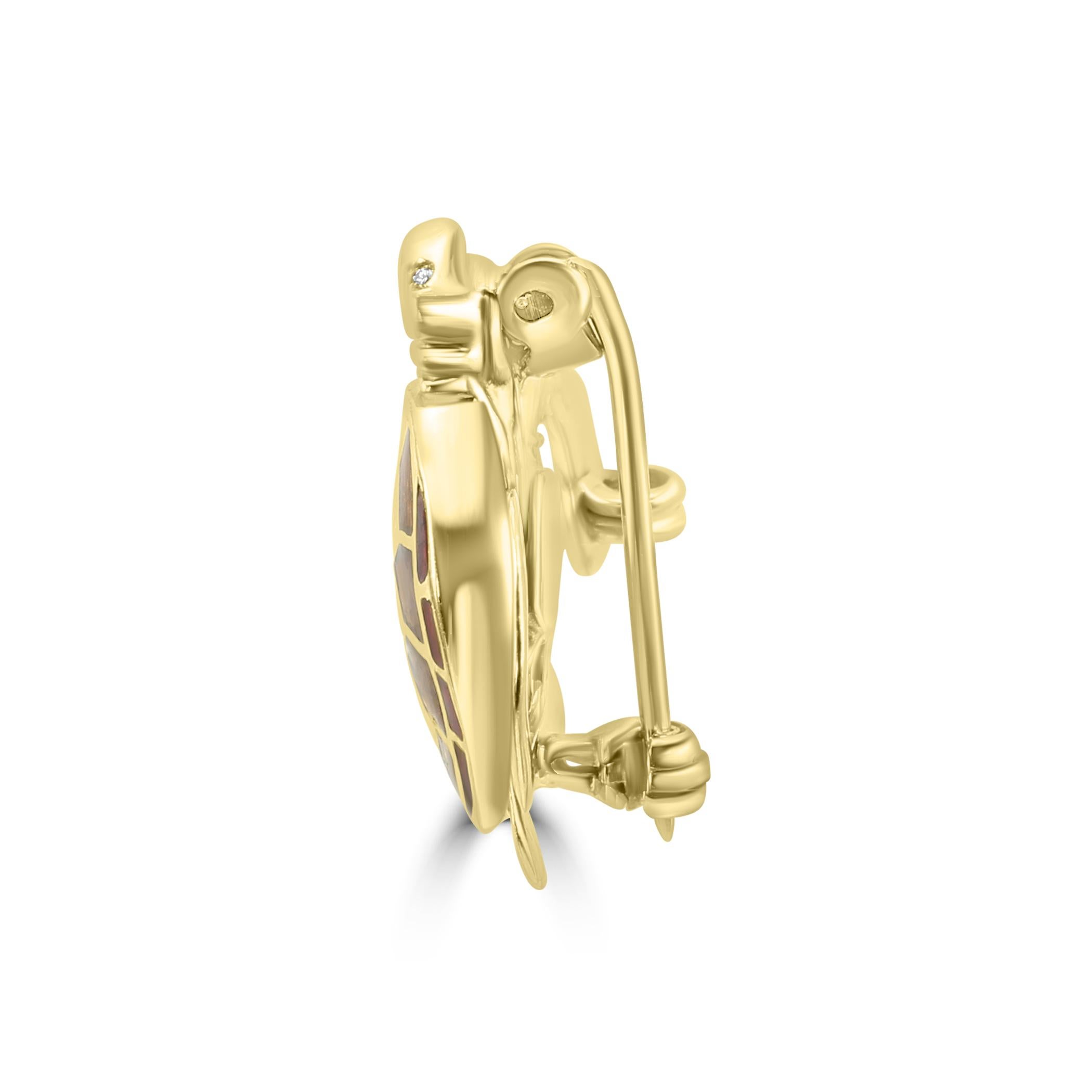 Art Deco Diamond & Yellow/Brown Enamel 18 Karat Yellow Gold Turtle Fashion Luxury Brooch For Sale