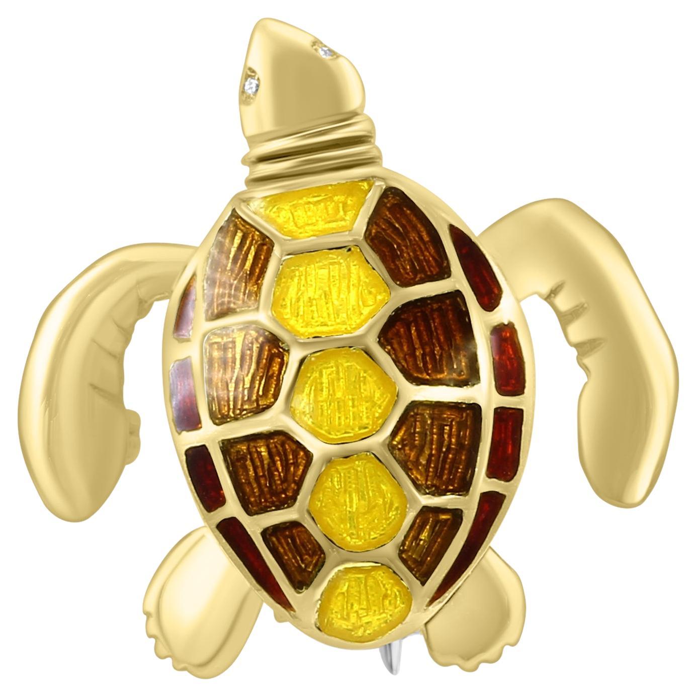 Broche de lujo de oro amarillo de 18 quilates con diamantes y esmalte amarillo/marrón con forma de tortuga
