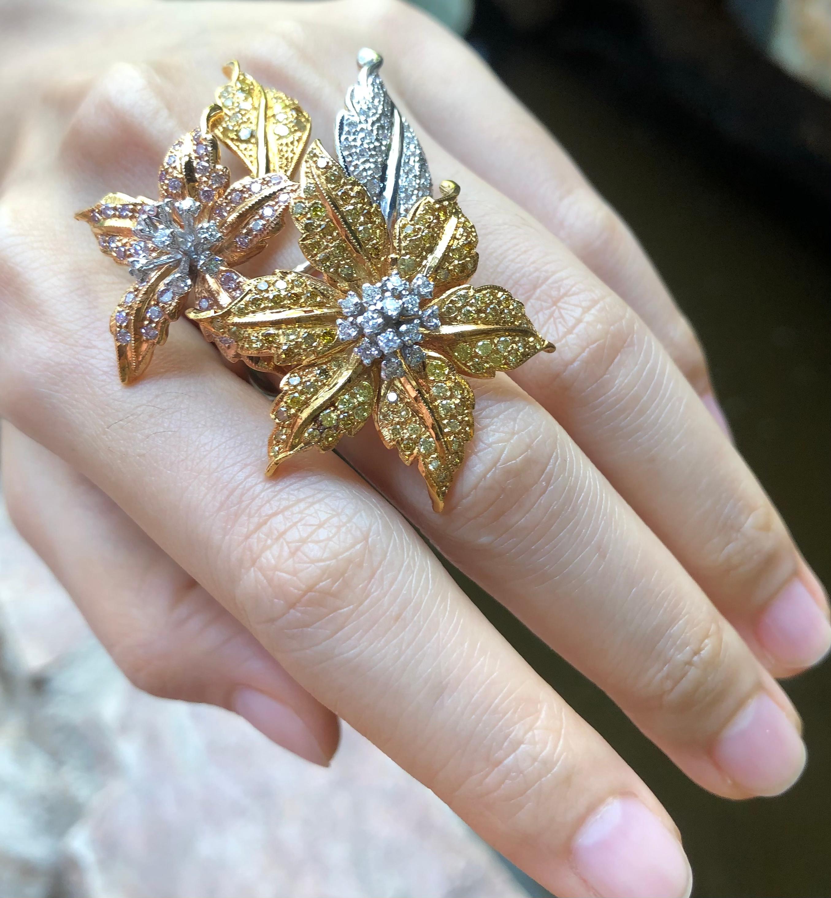 Round Cut Diamond, Yellow Diamond and Pink Diamond Flower Ring Set in 18 Karat White Gold For Sale