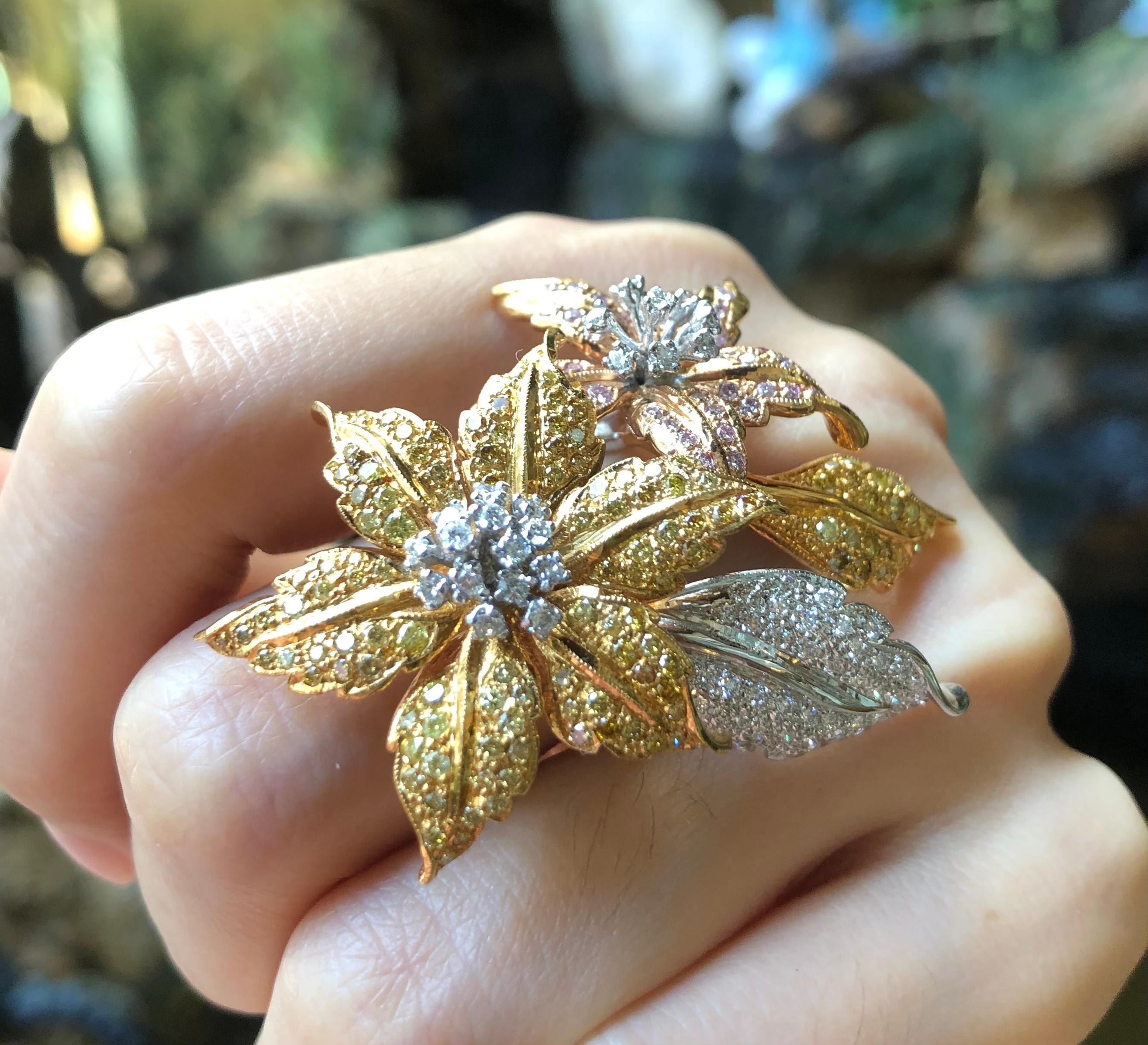 Diamond, Yellow Diamond and Pink Diamond Flower Ring Set in 18 Karat White Gold In New Condition For Sale In Bangkok, TH