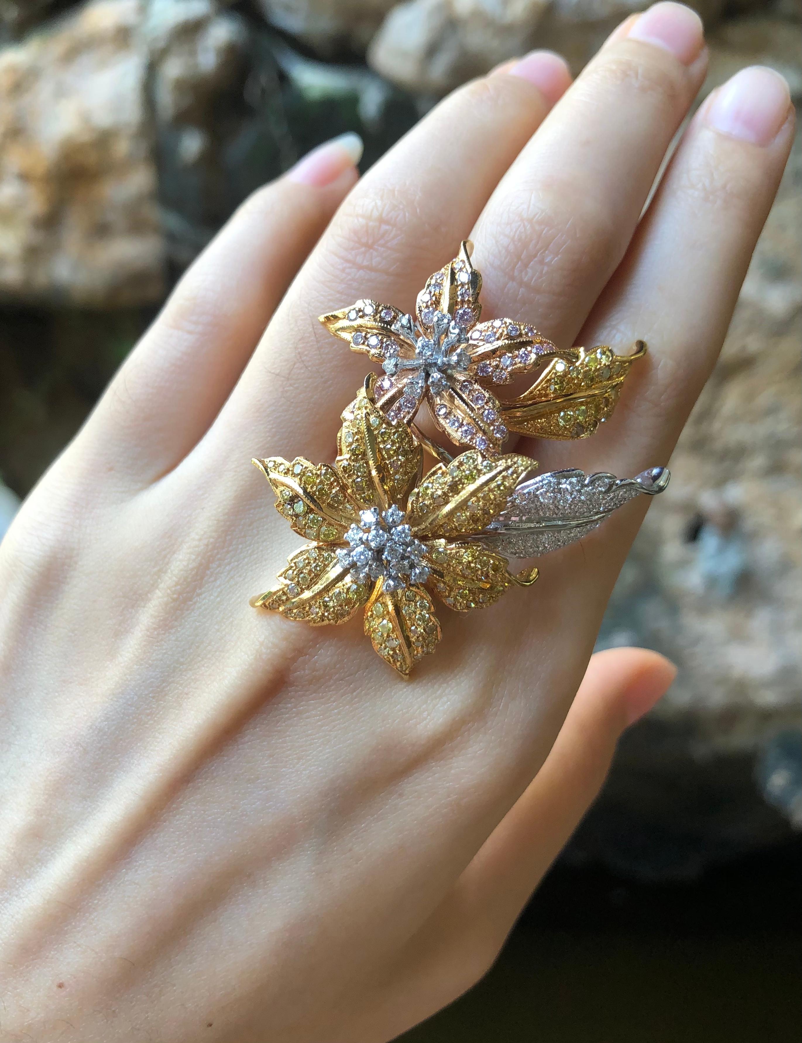 Women's Diamond, Yellow Diamond and Pink Diamond Flower Ring Set in 18 Karat White Gold For Sale