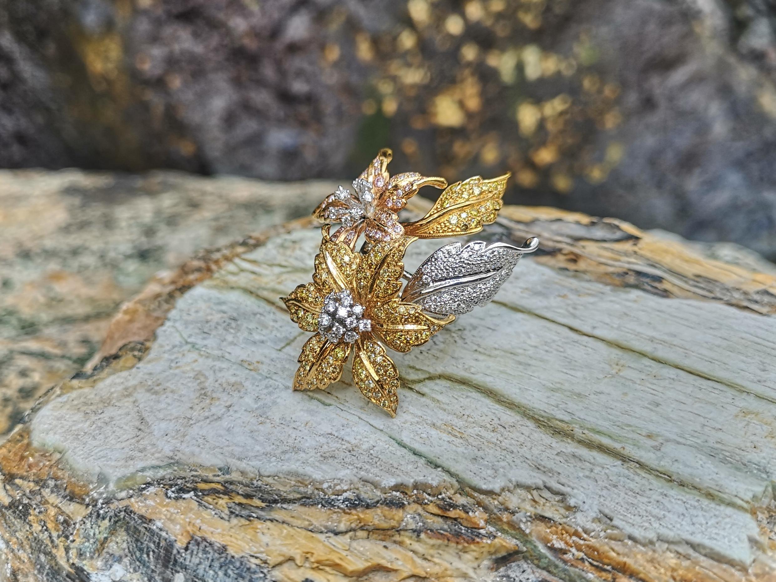 Anillo Flor de Diamantes, Diamantes Amarillos y Diamantes Rosas en Oro Blanco de 18 Kilates en venta 3
