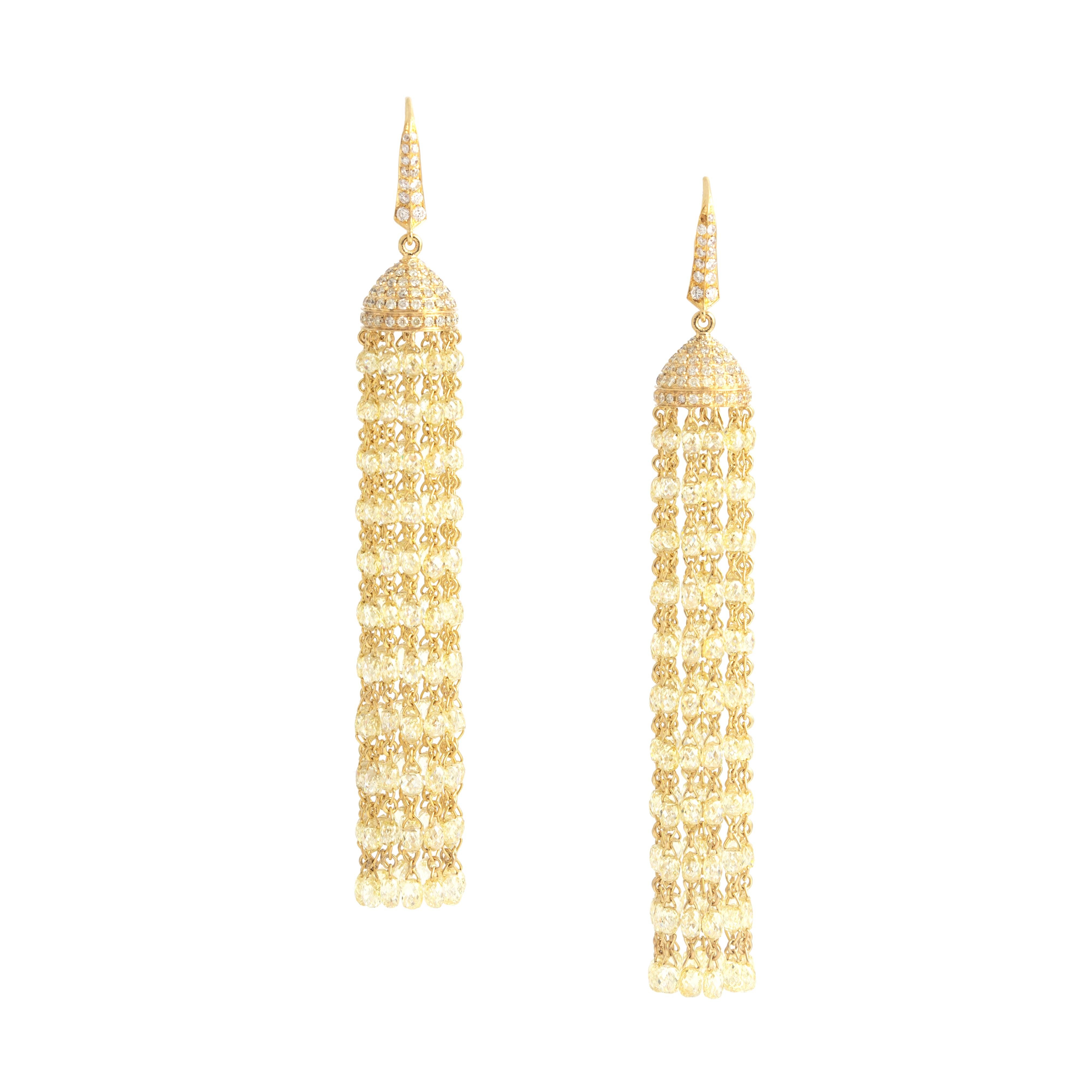 Briolette Cut Diamond Yellow Gold 18K Chandelier Earrings For Sale