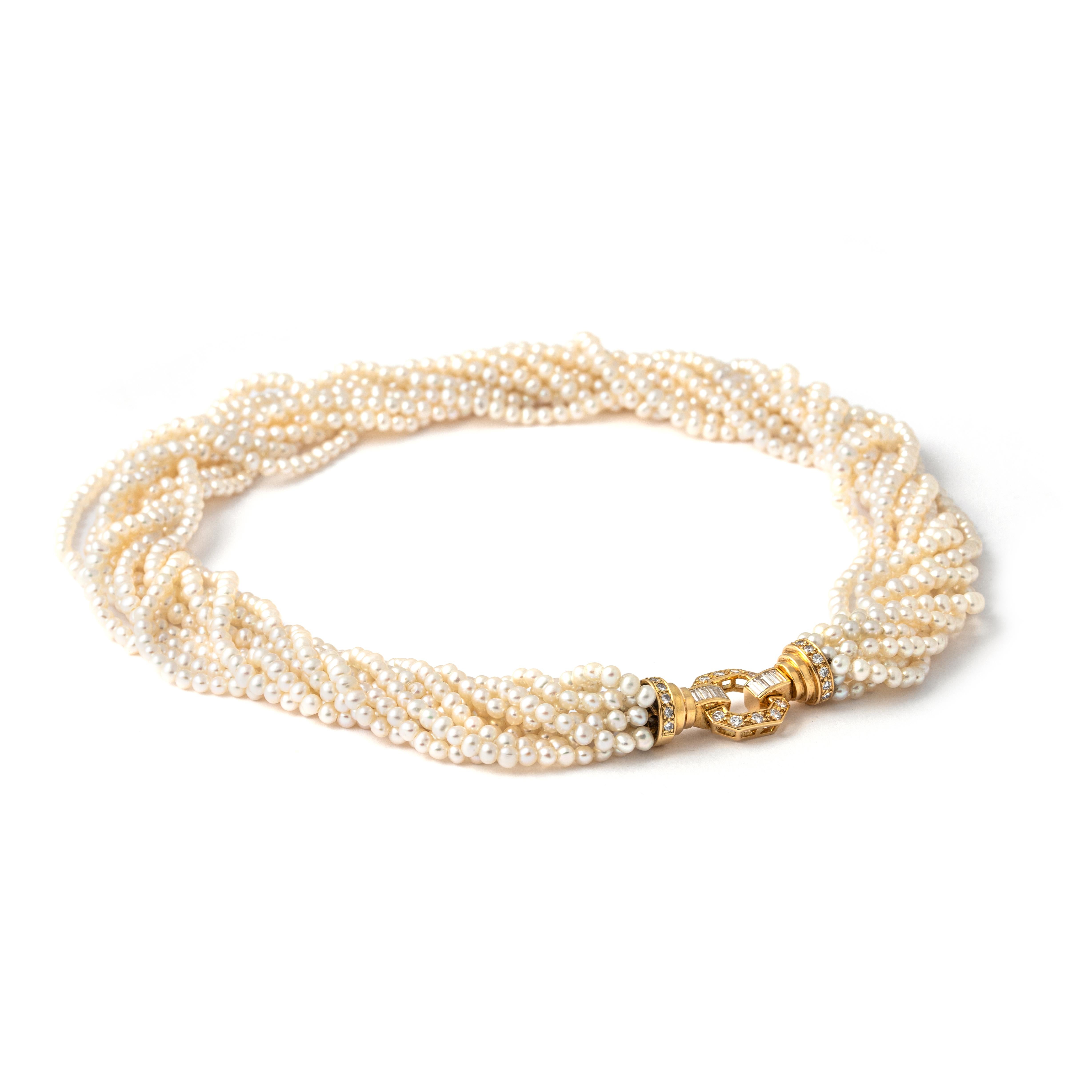 Diamant-Halskette aus Gelbgold mit 18 Karat Perlen (Baguetteschliff) im Angebot