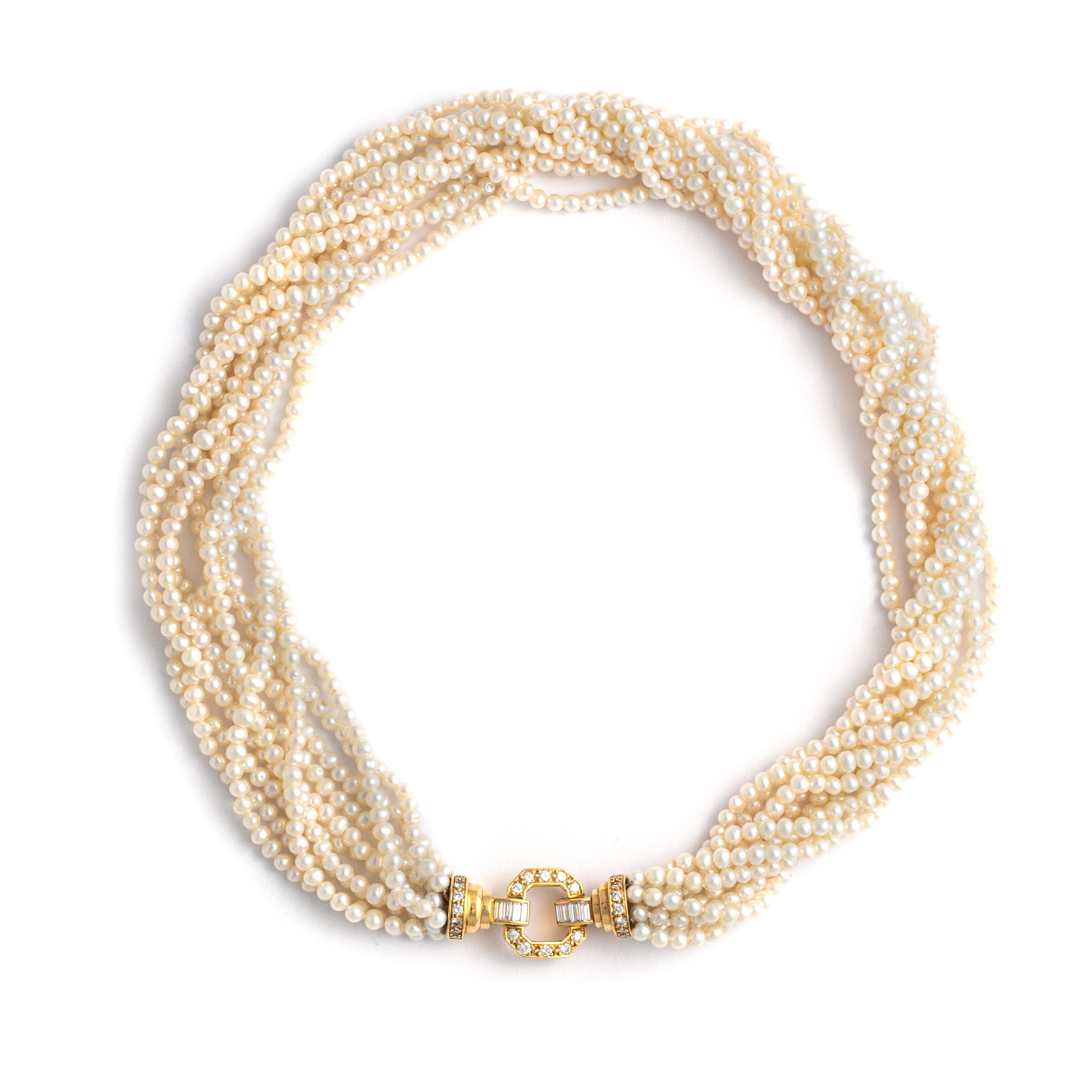 Diamond Yellow Gold 18K Pearl Necklace In Good Condition For Sale In Geneva, CH