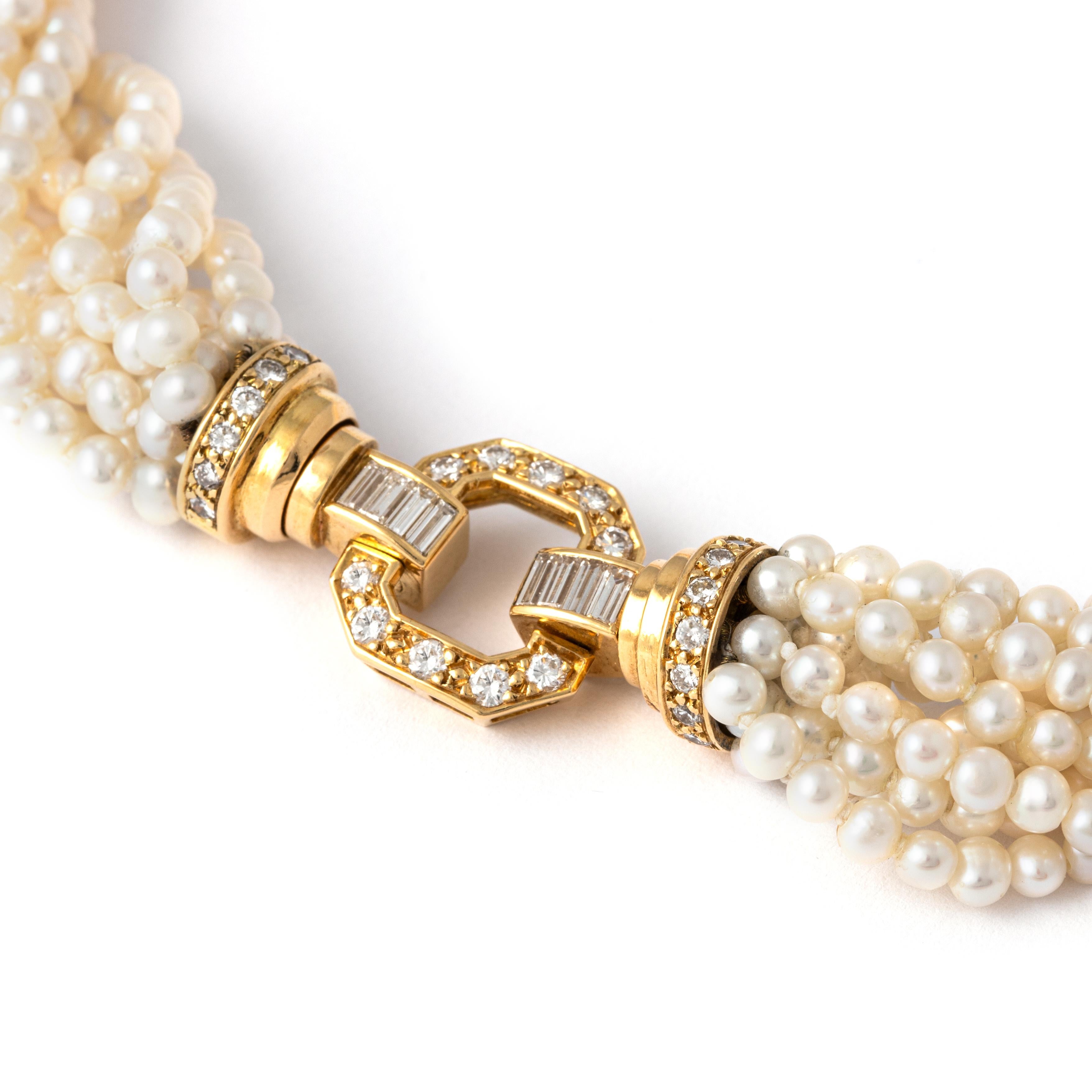 Collier de perles en or jaune 18K avec diamants Unisexe en vente