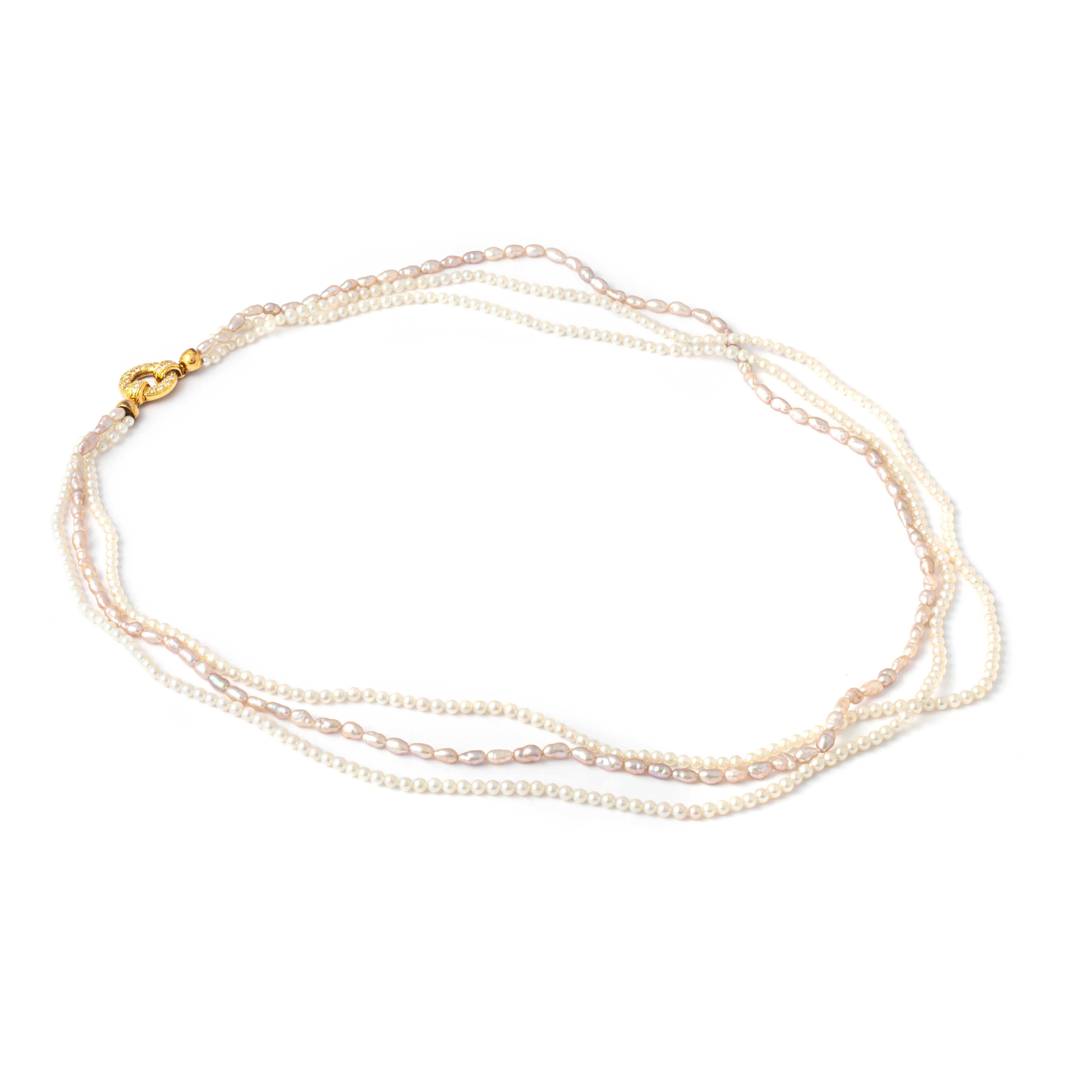 Women's or Men's Diamond Yellow Gold 18K Pearl Necklace For Sale