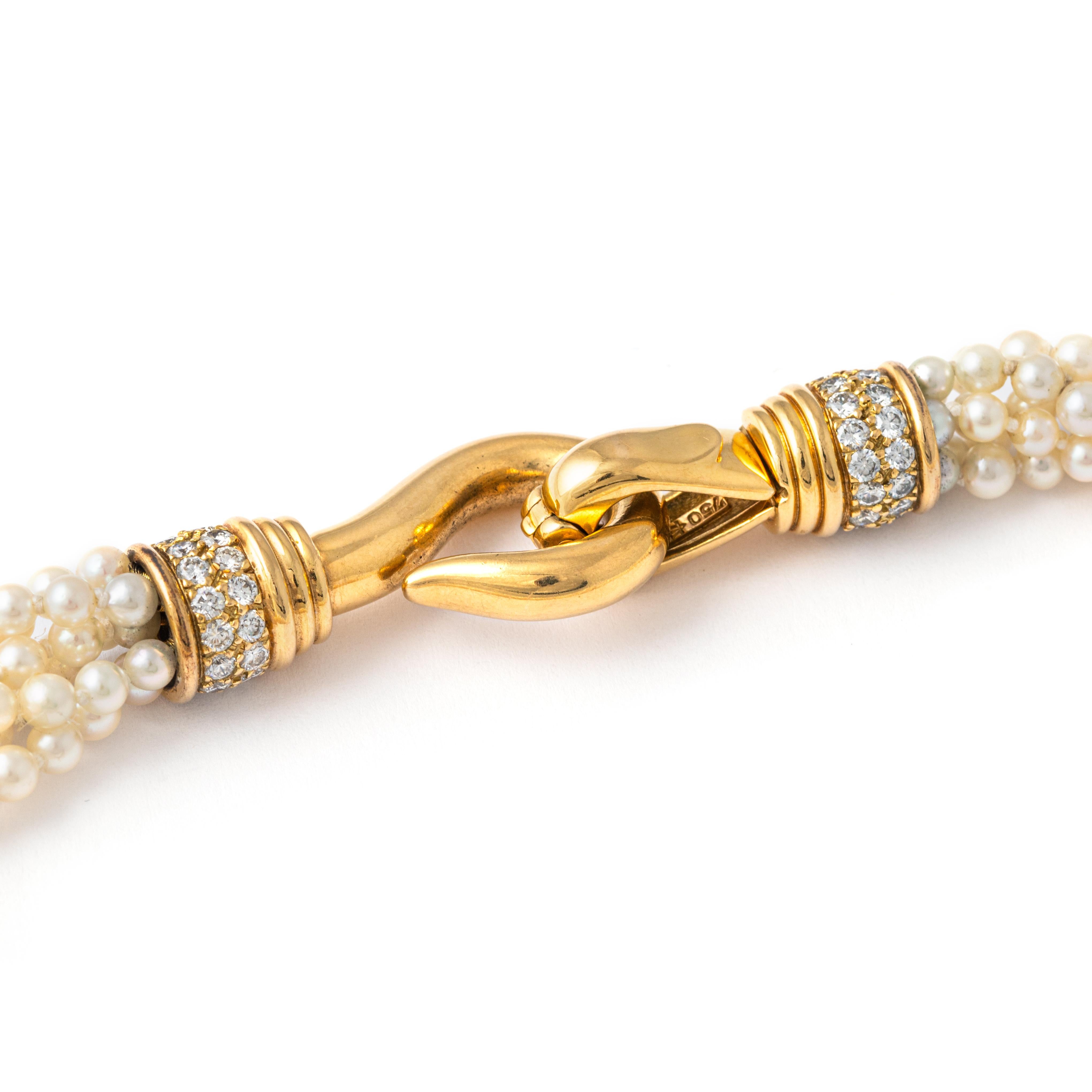 Women's or Men's Diamond Yellow Gold 18K Pearl Necklace For Sale