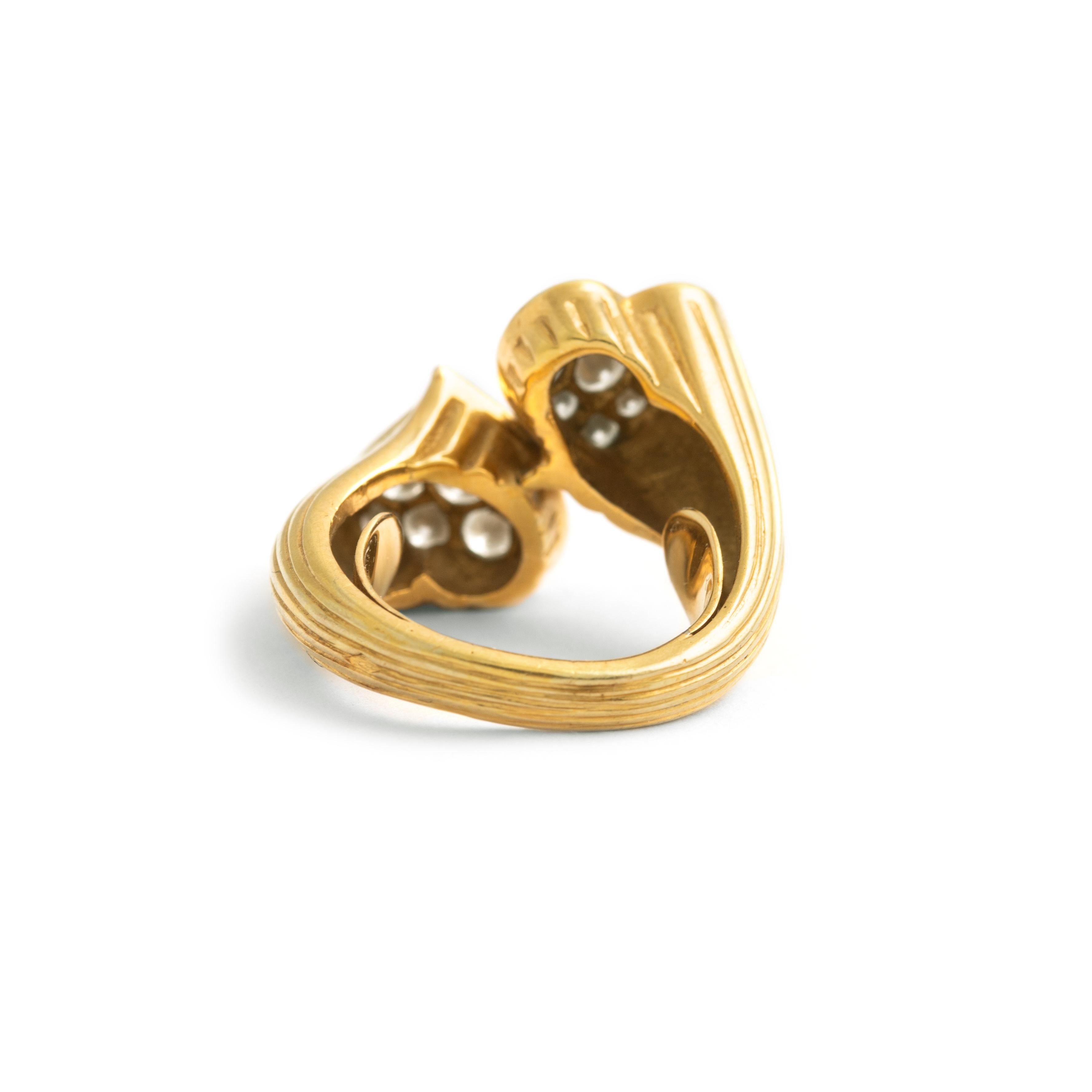 Diamond Yellow Gold 18K Two Hearts Crossover Ring For Sale 2