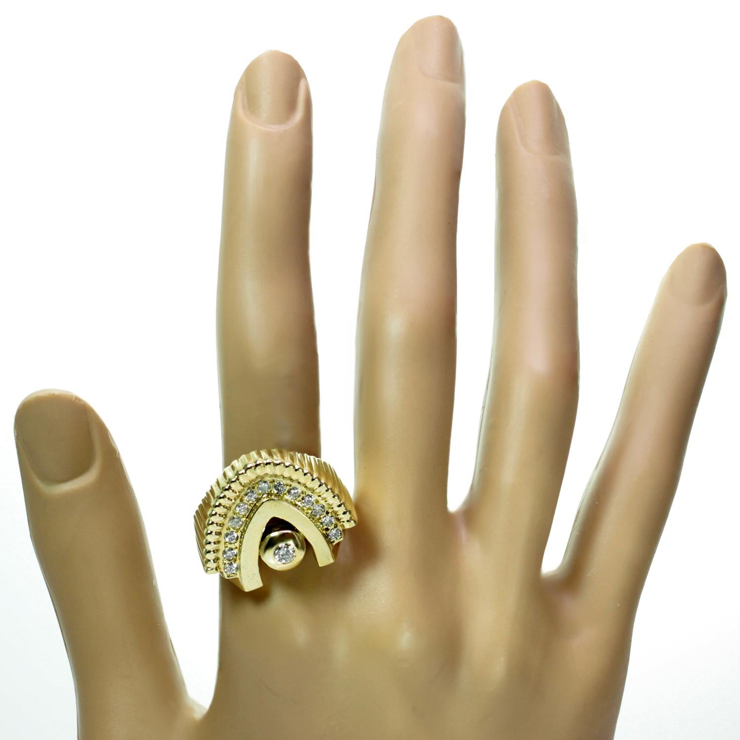 Diamond Yellow Gold Arch Unisex Ring For Sale 1