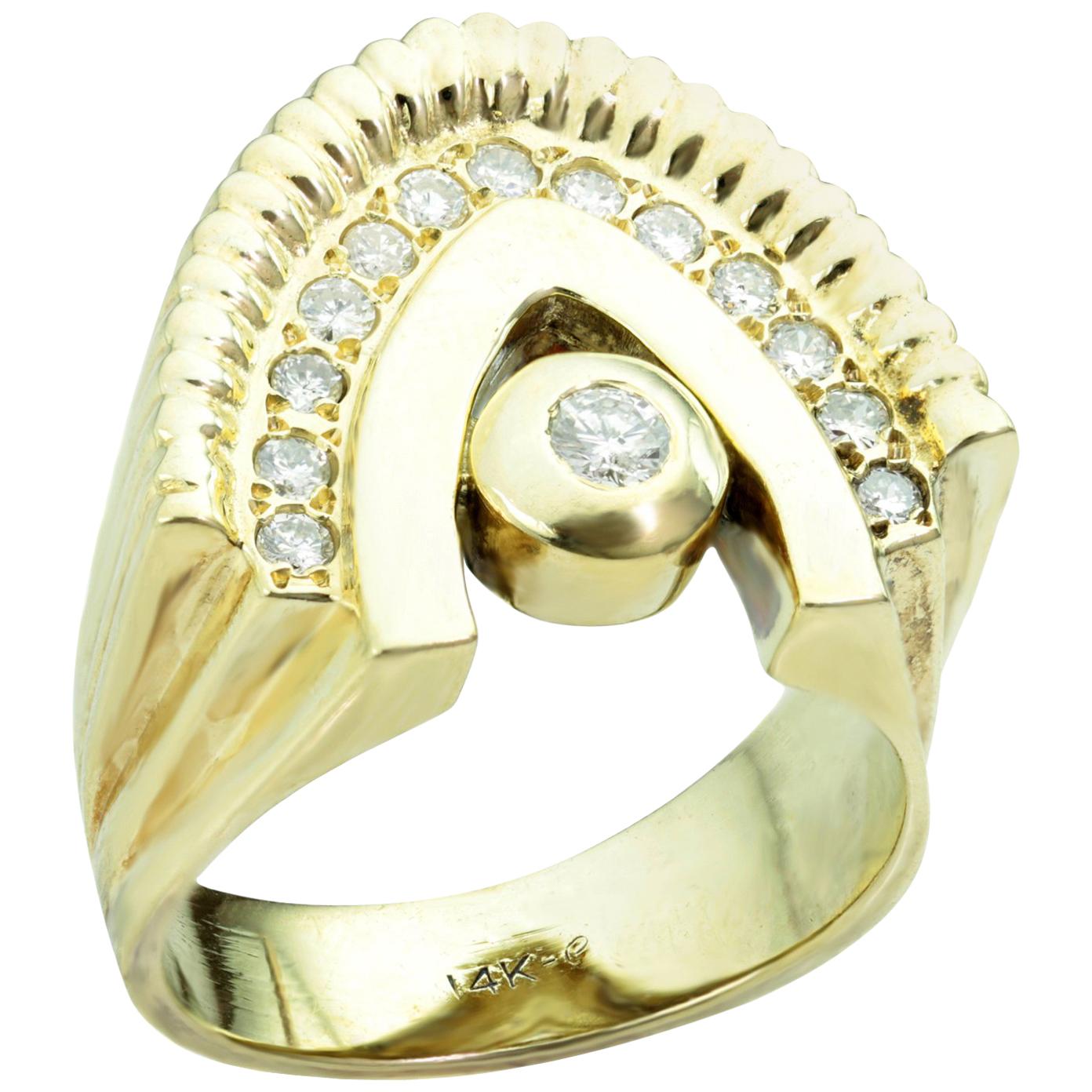 Diamond Yellow Gold Arch Unisex Ring For Sale