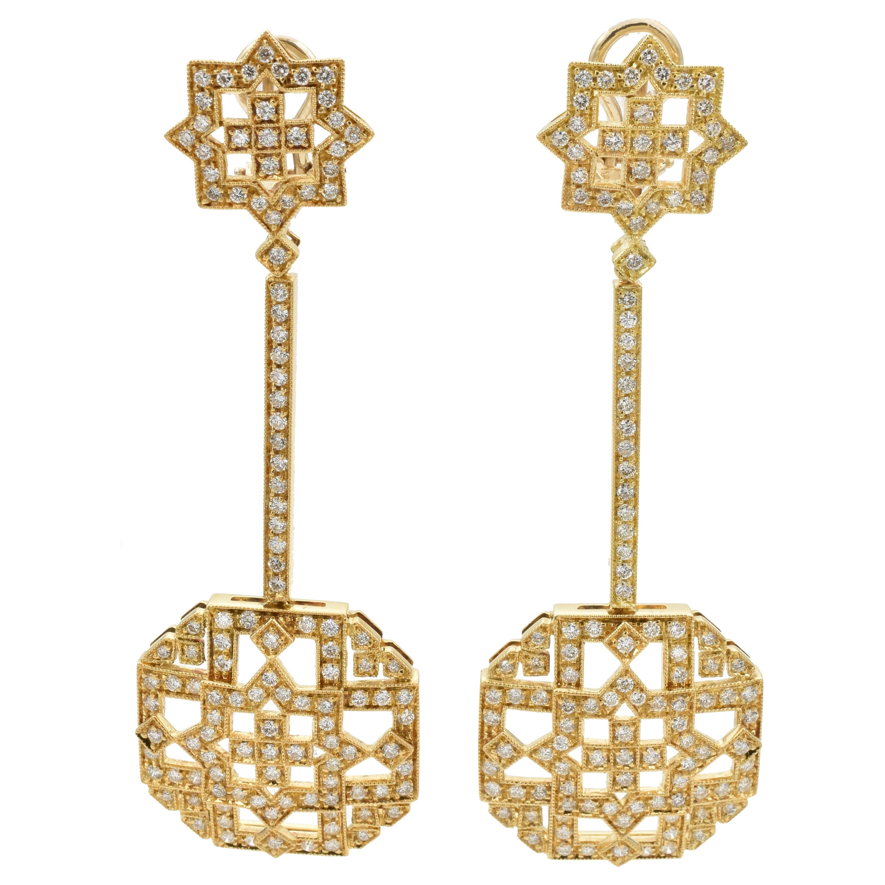 Diamond Yellow Gold Art Deco Style Dangle Earrings Made in Italy