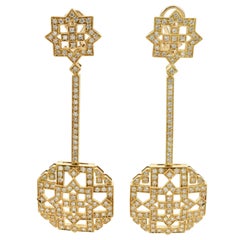 Diamond Yellow Gold Art Deco Style Dangle Earrings Made in Italy