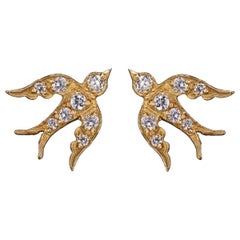 Diamond Yellow Gold Bird Stud Swallow Earrings Vogue