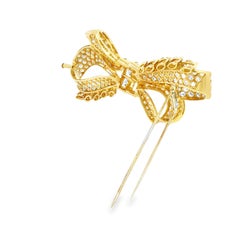 Diamond Yellow Gold Bow Brooch, 19.50 Carat Diamond 18 Karat Gold Retro Brooch
