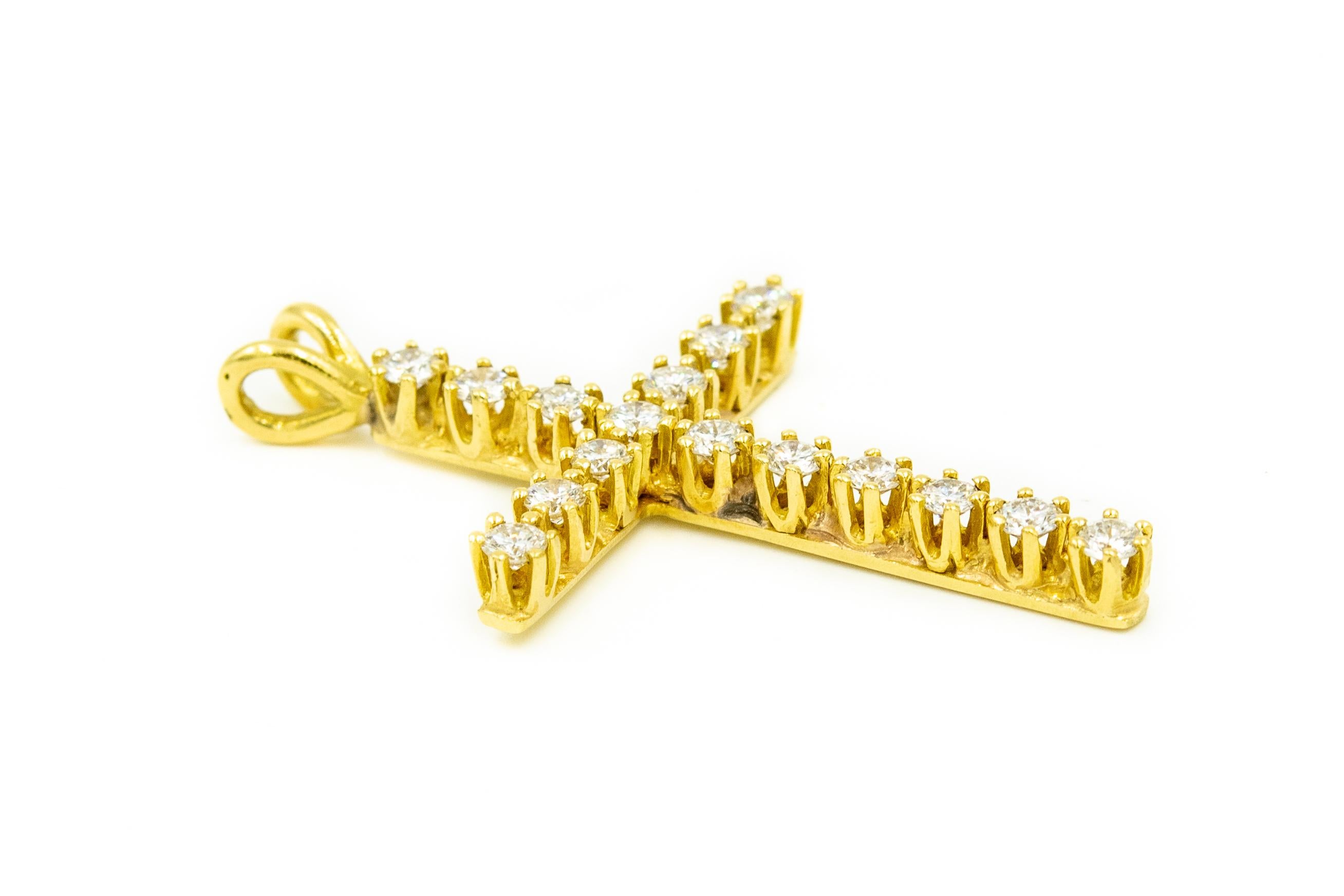 Round Cut Diamond Yellow Gold Cross Necklace Pendant