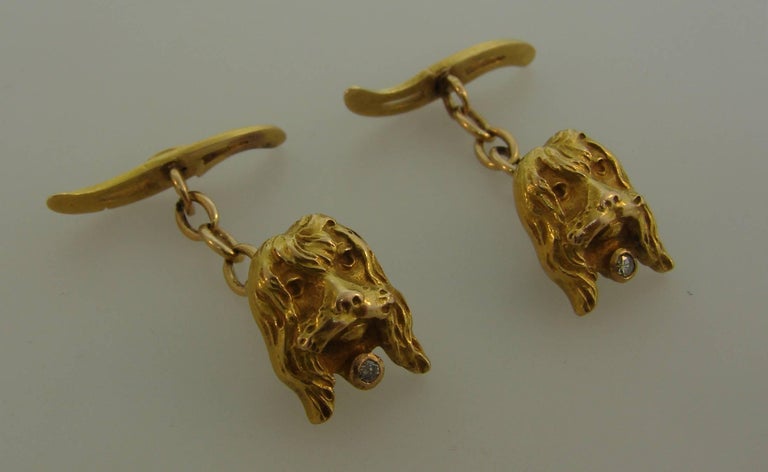 Diamond Yellow Gold Dog Cufflinks In Good Condition For Sale In Beverly Hills, CA