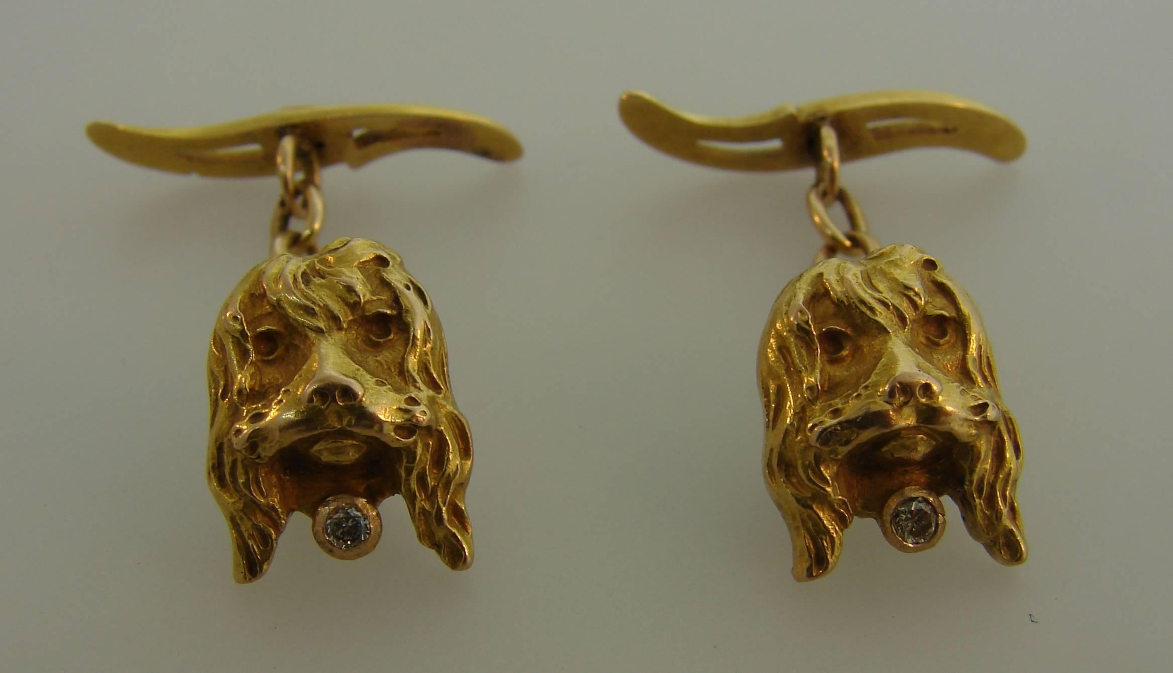 Vintage Diamond 14k Yellow Gold Dog Cufflinks In Good Condition For Sale In Beverly Hills, CA