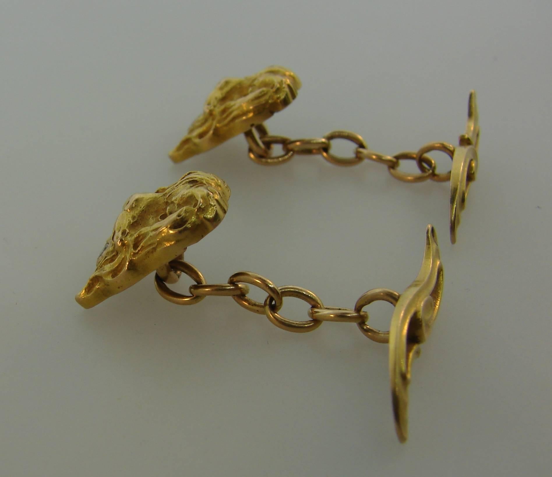 Vintage Diamond 14k Yellow Gold Dog Cufflinks 2
