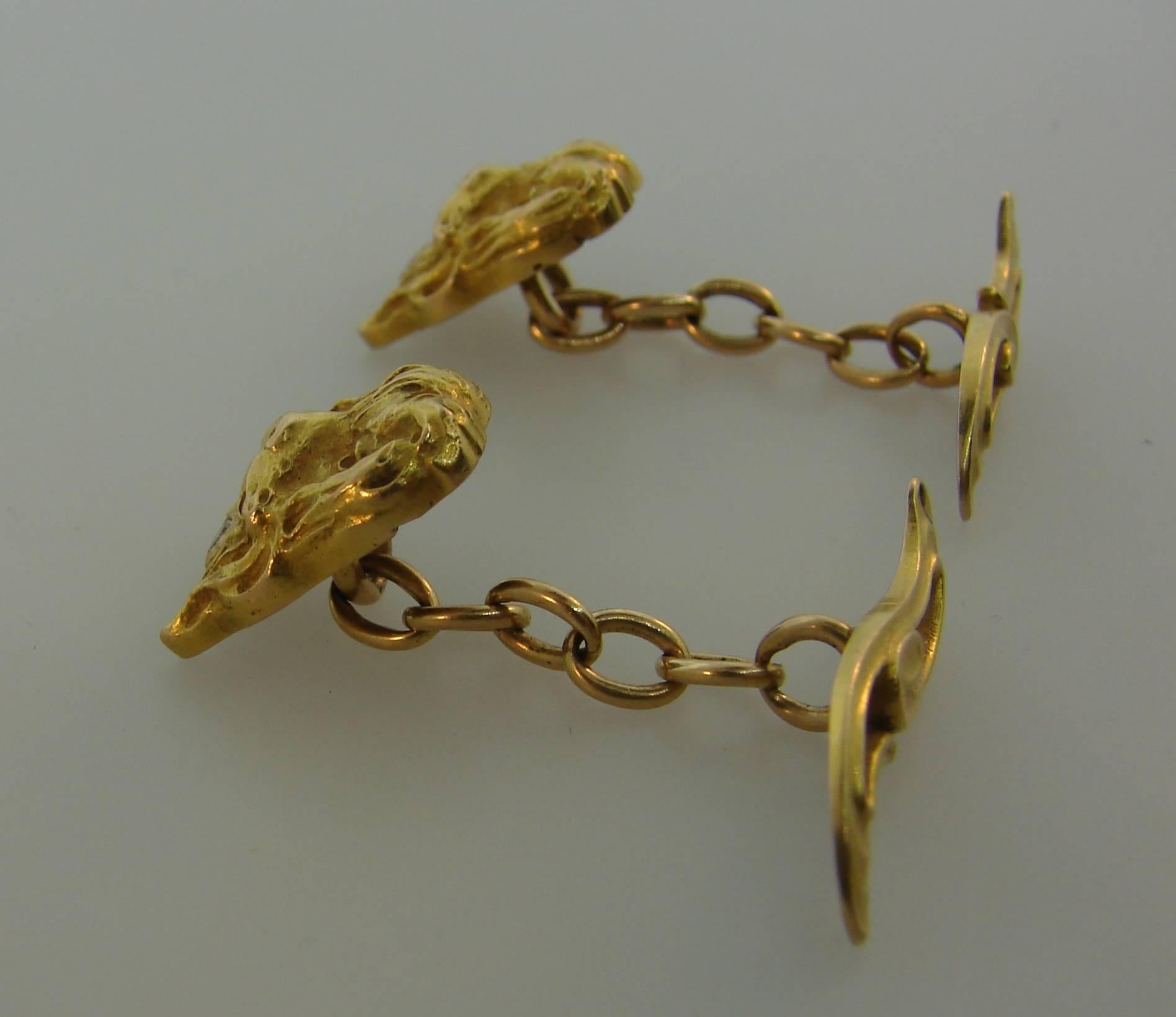 Vintage Diamond 14k Yellow Gold Dog Cufflinks For Sale 2