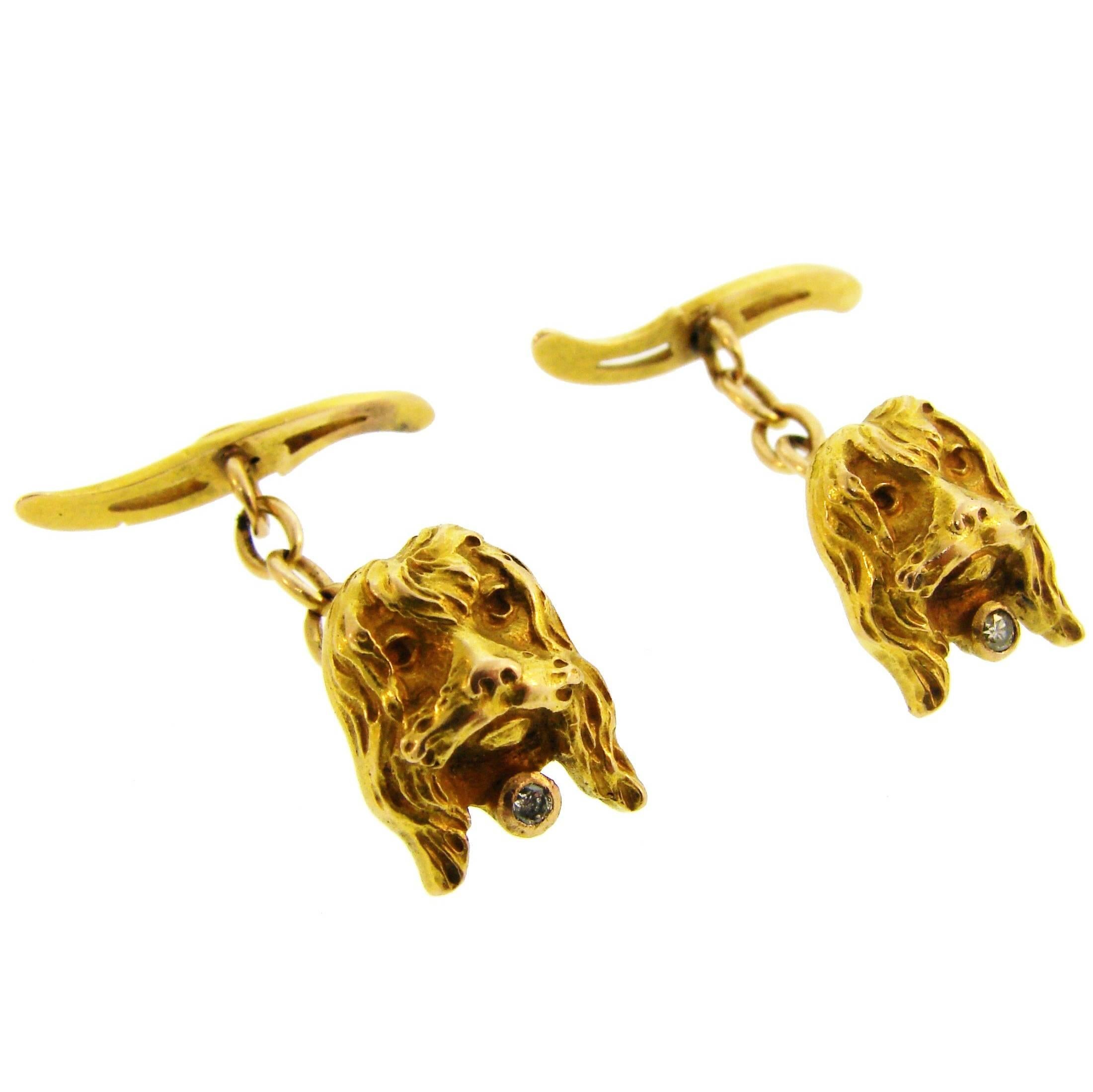 Boutons de manchette chien vintage en or jaune 14k avec diamant