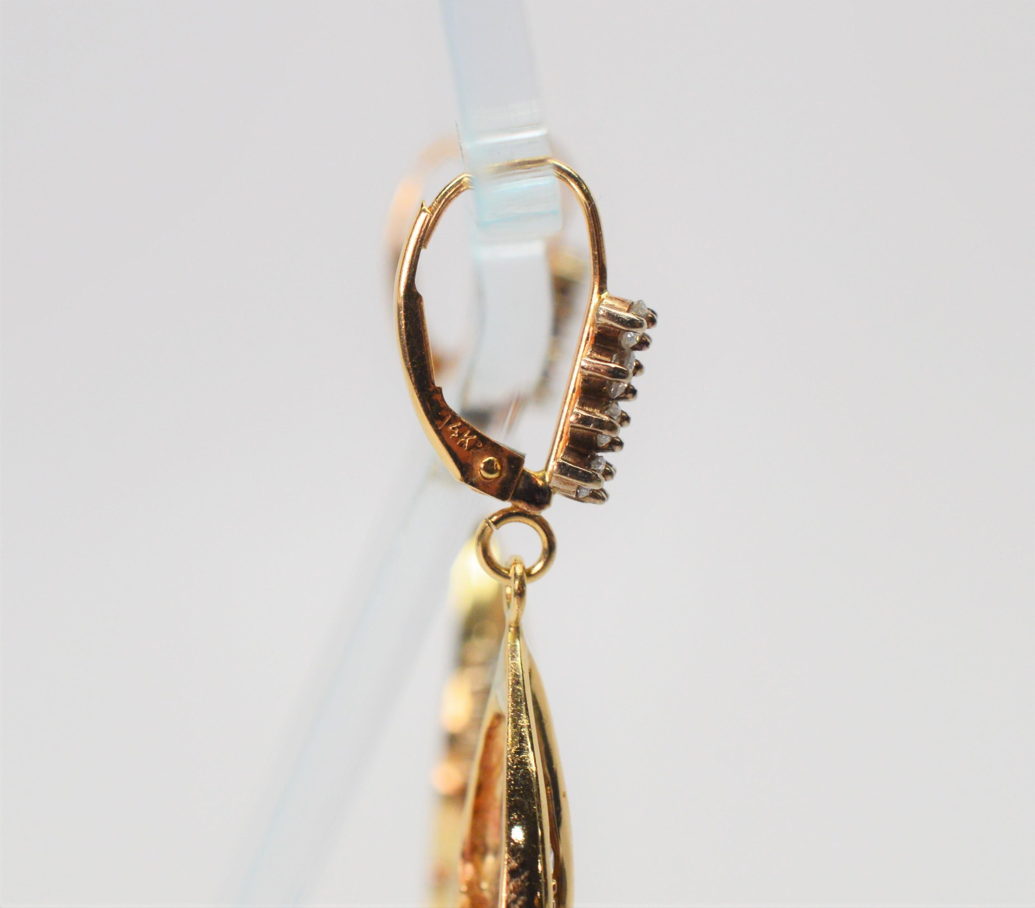 Round Cut Diamond Yellow Gold Double Tear Drop Dangle Earrings