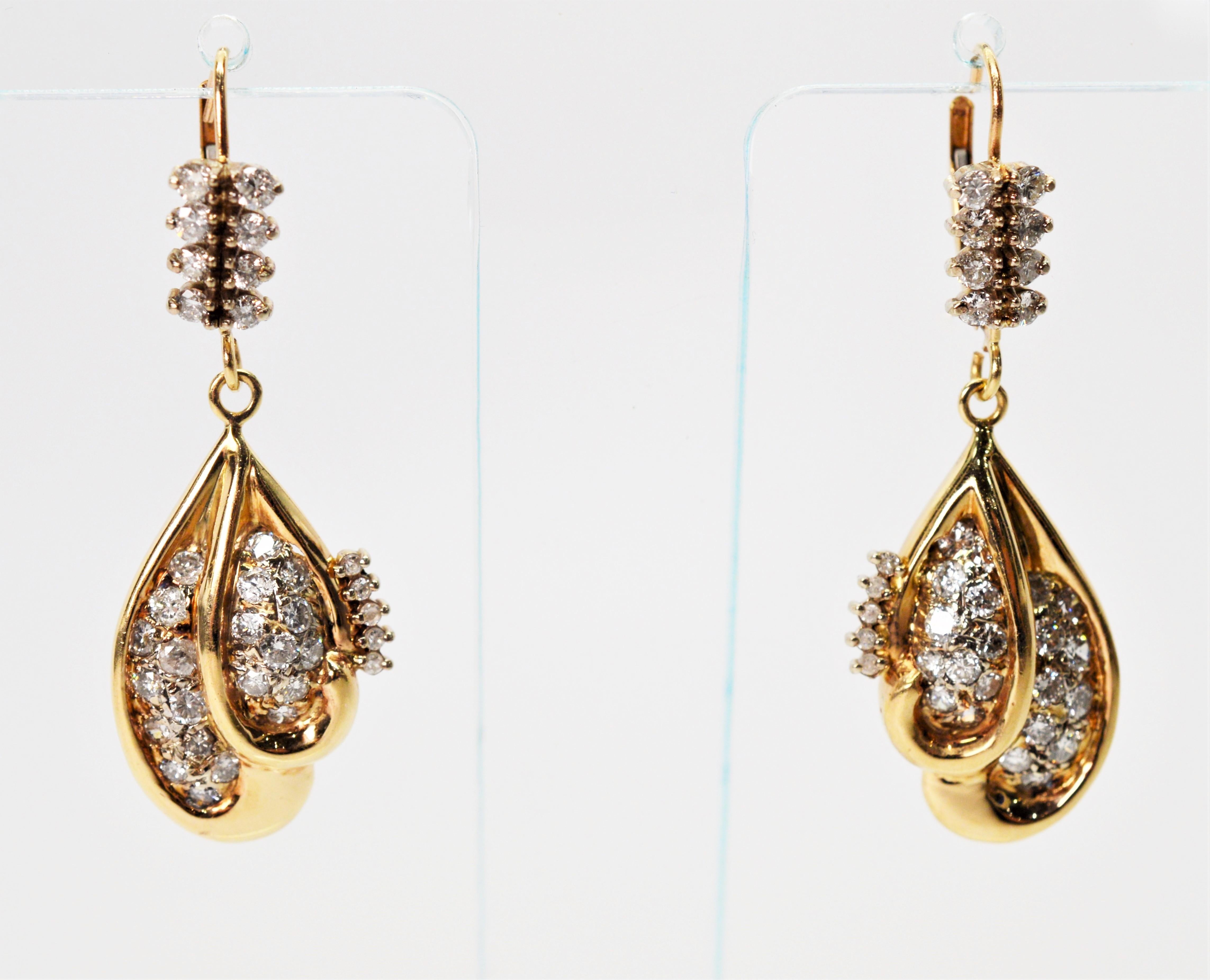 Diamond Yellow Gold Double Tear Drop Dangle Earrings In Good Condition In Mount Kisco, NY