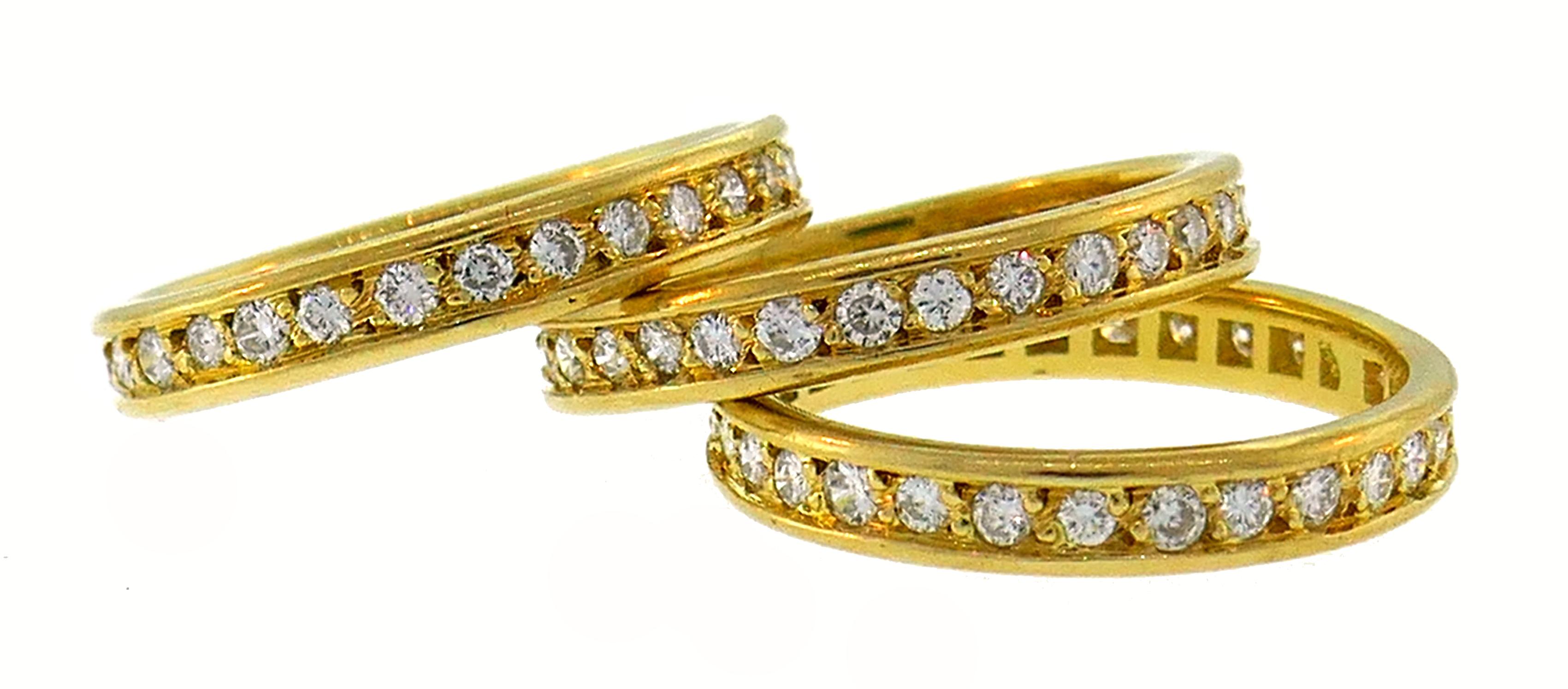 Round Cut Diamond Yellow Gold Eternity Band Ring Trio, French 1970s