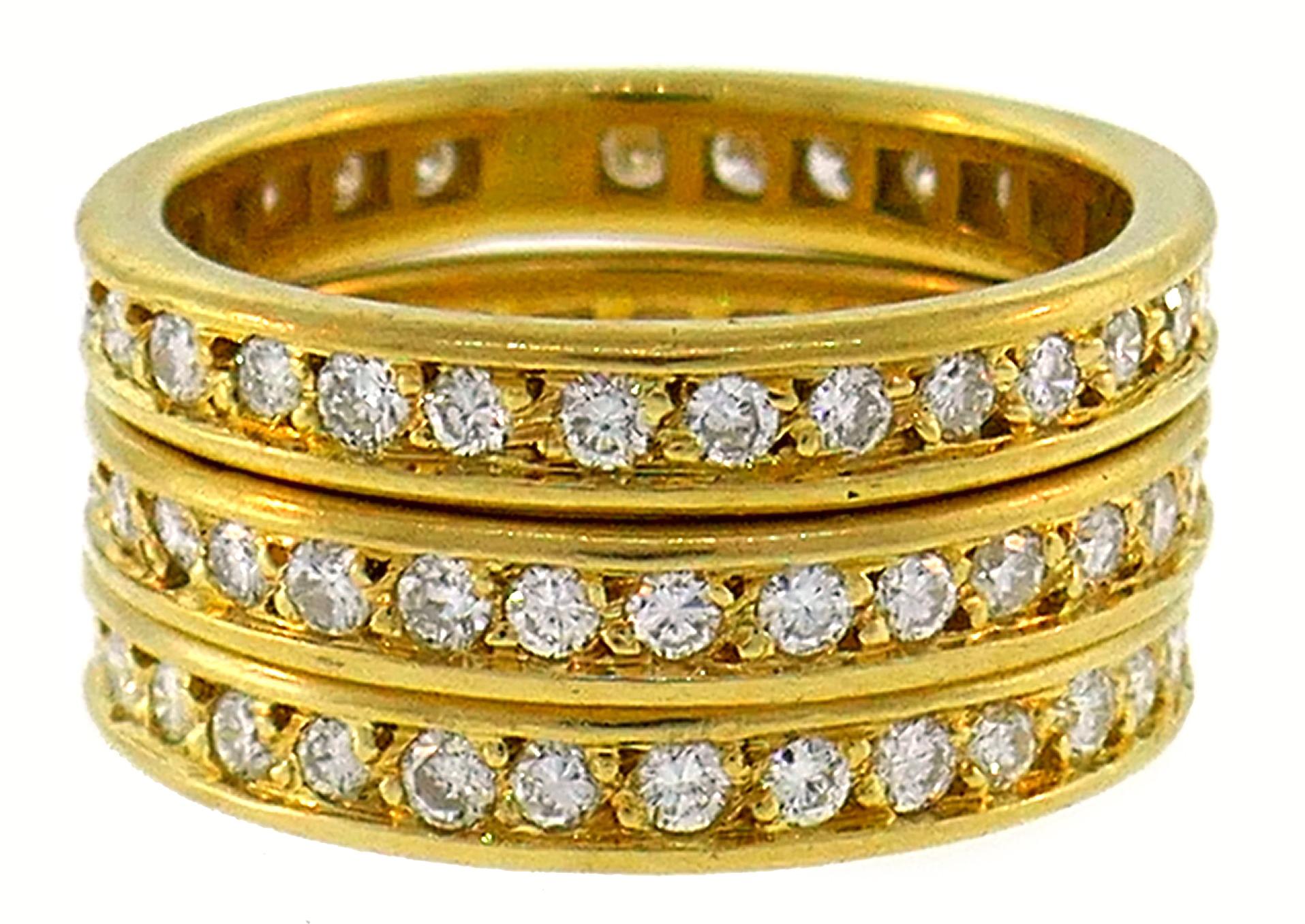 Diamond Yellow Gold Eternity Band Ring Trio, French 1970s In Good Condition In Beverly Hills, CA