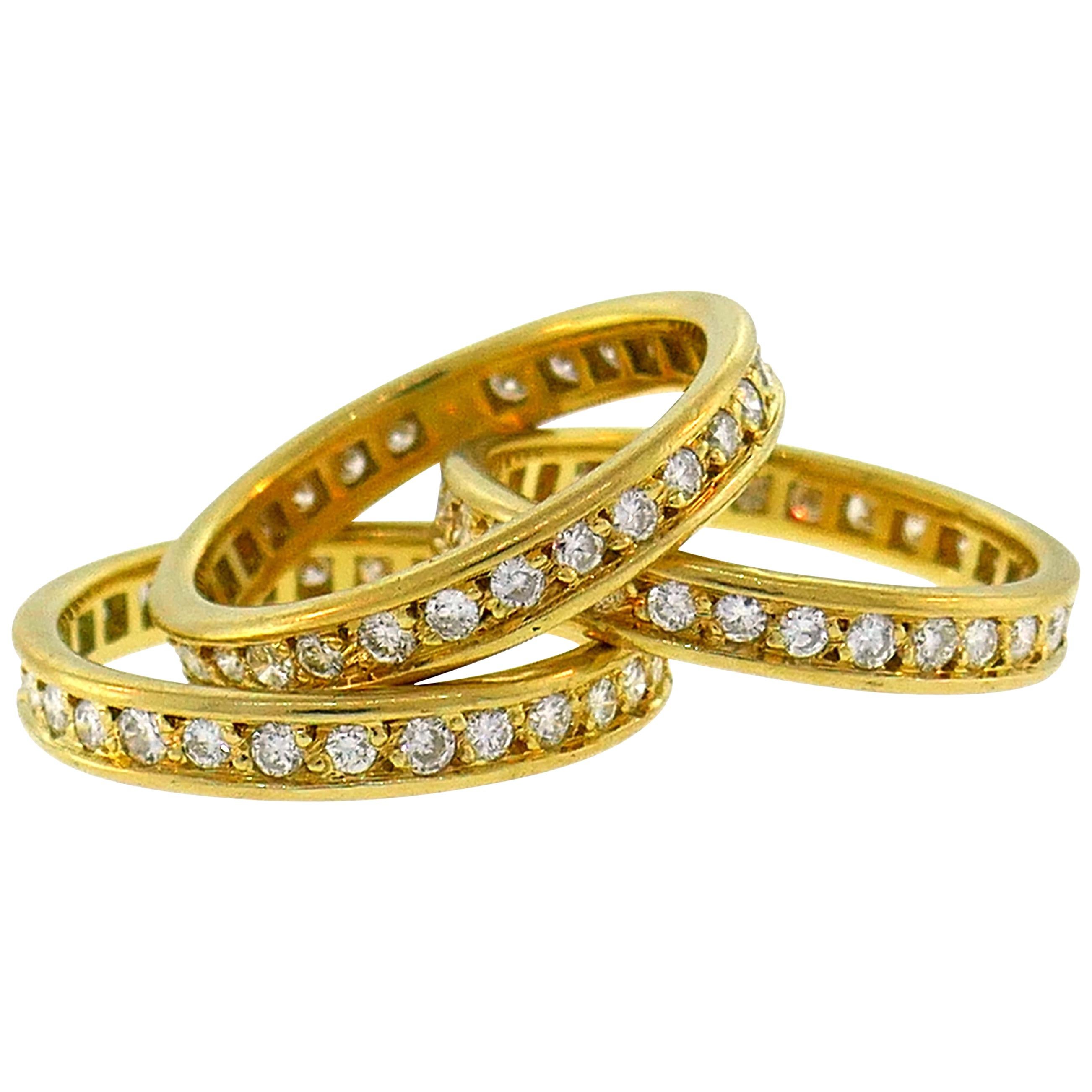 Diamond Yellow Gold Eternity Band Ring Trio, French 1970s