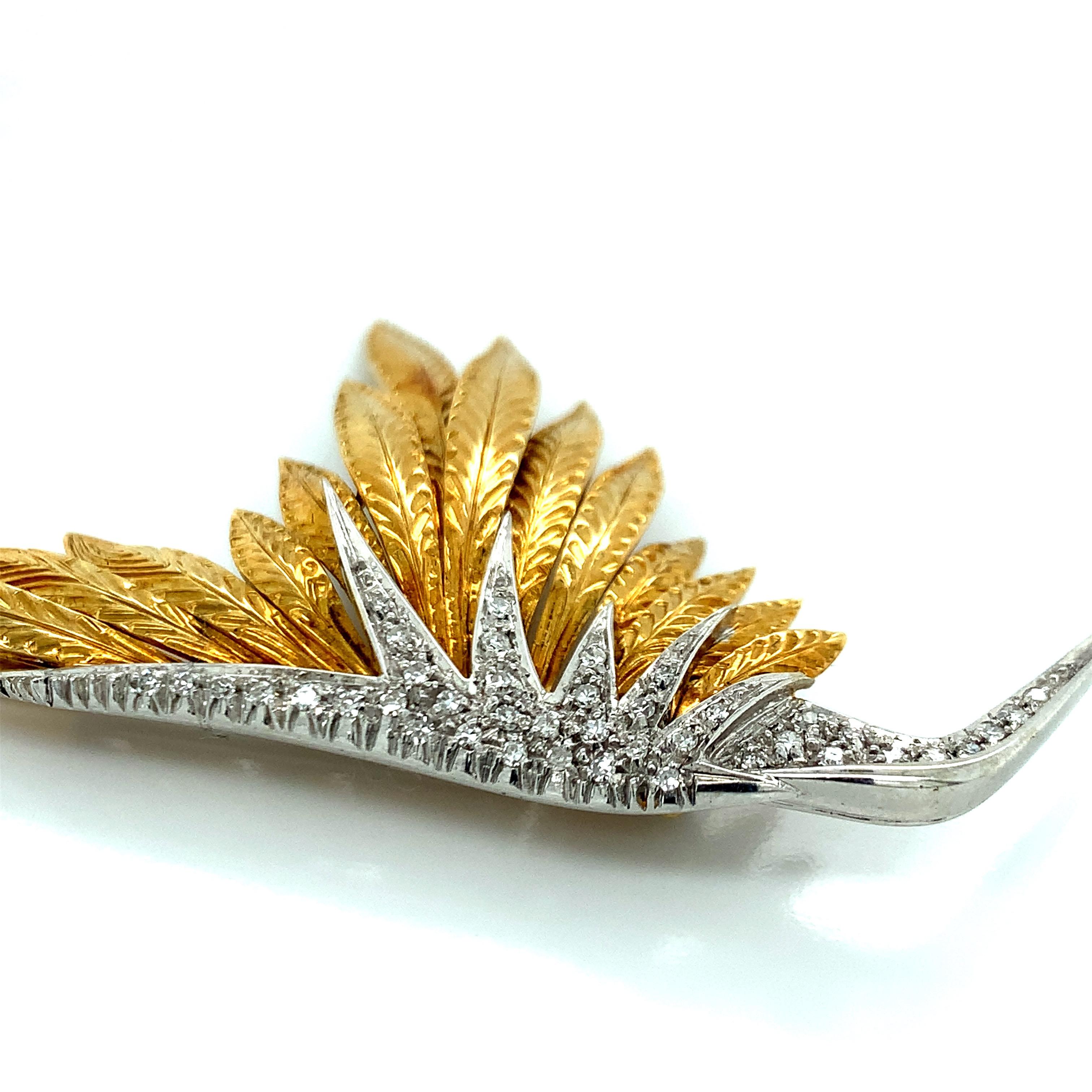 Women's or Men's Diamond Yellow Gold Feathers Brooch