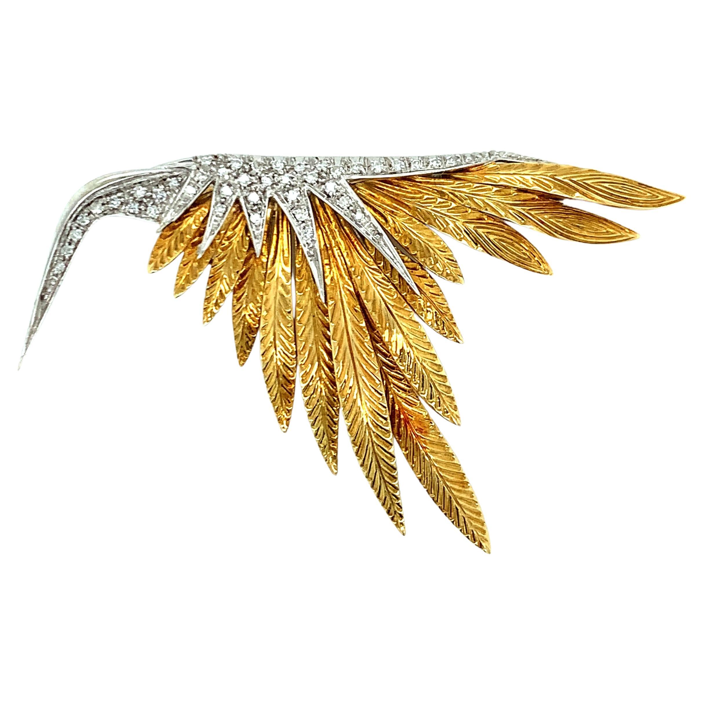 Diamond Yellow Gold Feathers Brooch