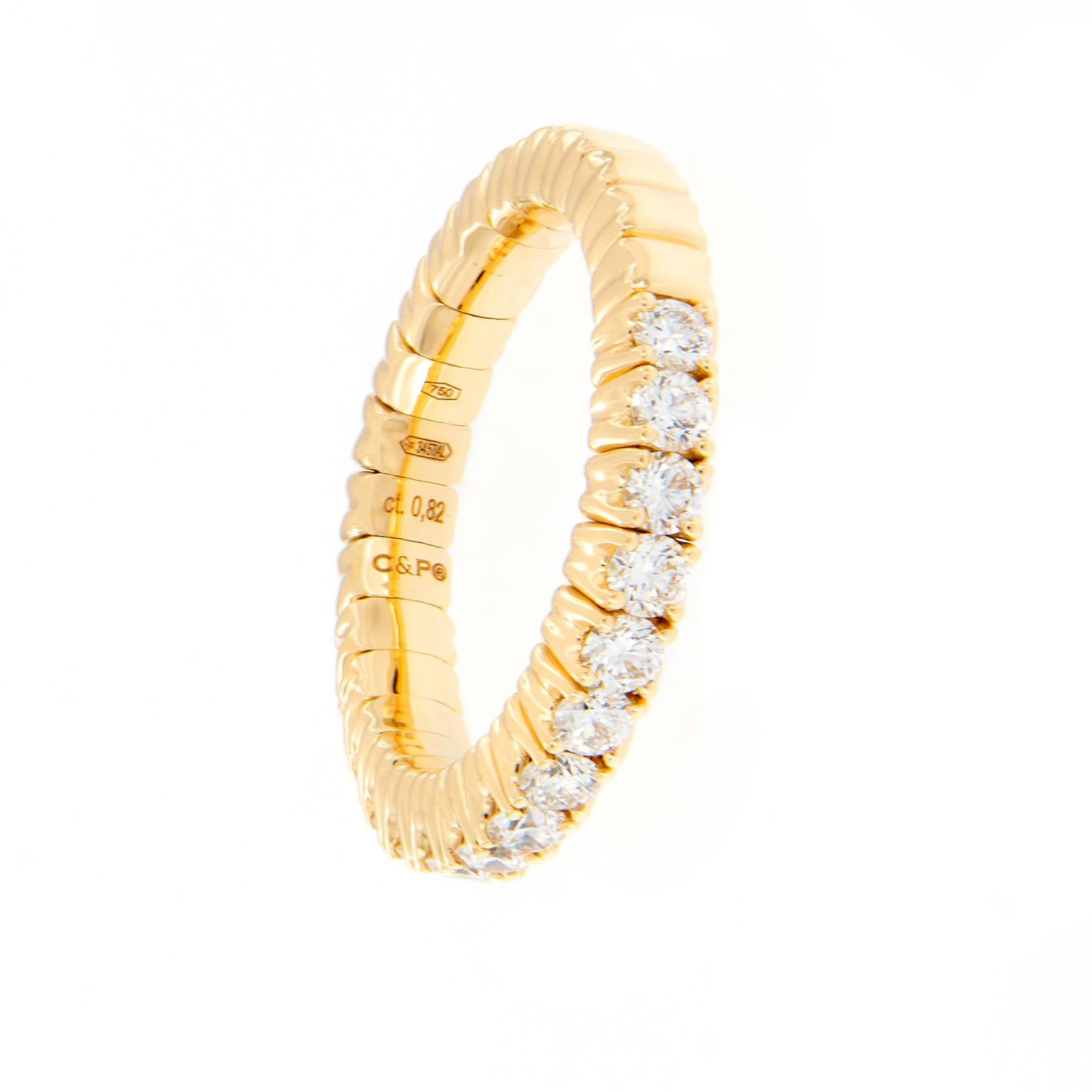 This beautiful stretchable diamond band ring is designed for comfort and perfectly fits one’s finger. It evens works on those with larger knuckles! The ring is crafted in 18k yellow gold and features 15 round brilliant cut diamonds. Band can stretch