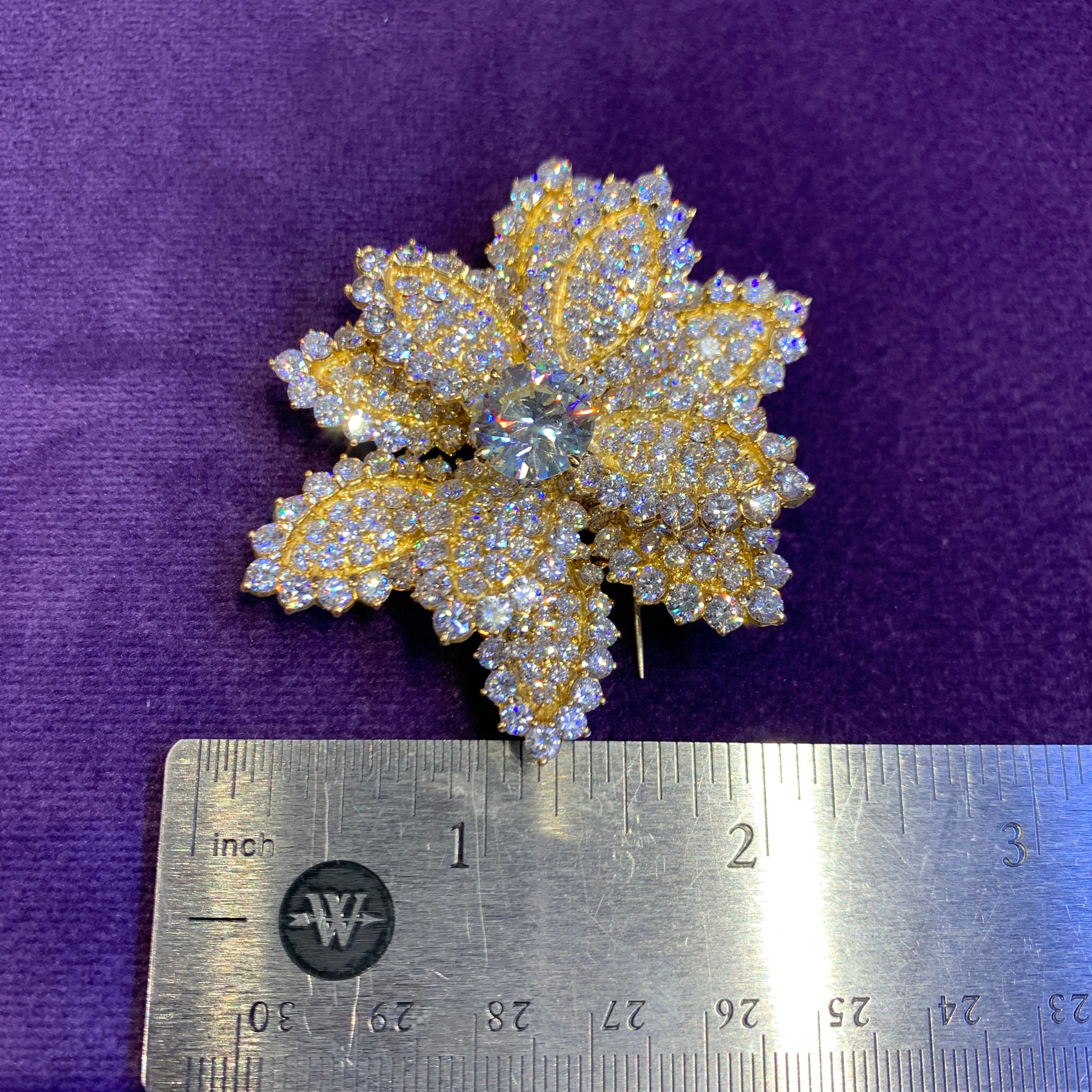 Round Cut Diamond & Yellow Gold Floral Brooch  For Sale
