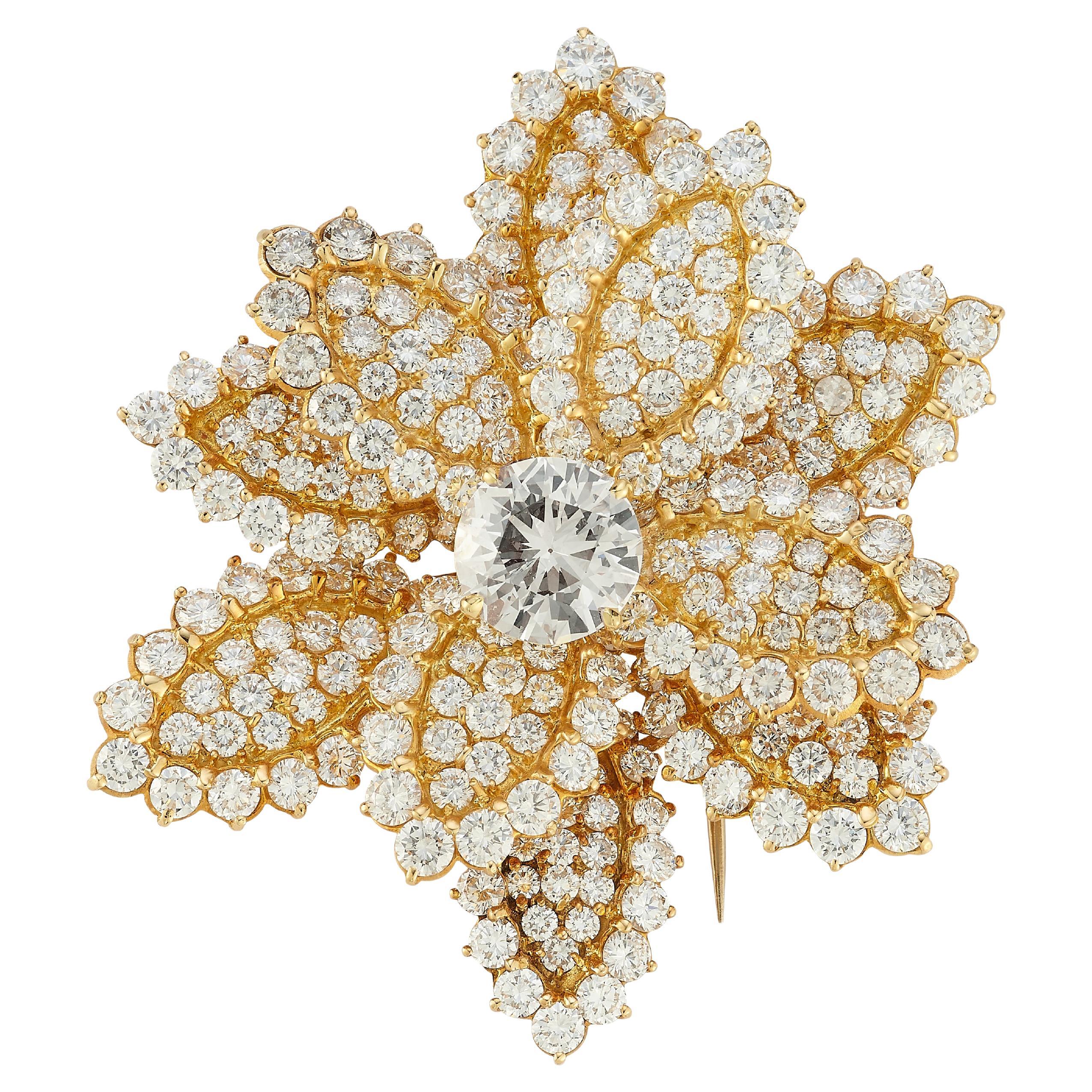 Diamond & Yellow Gold Floral Brooch  For Sale