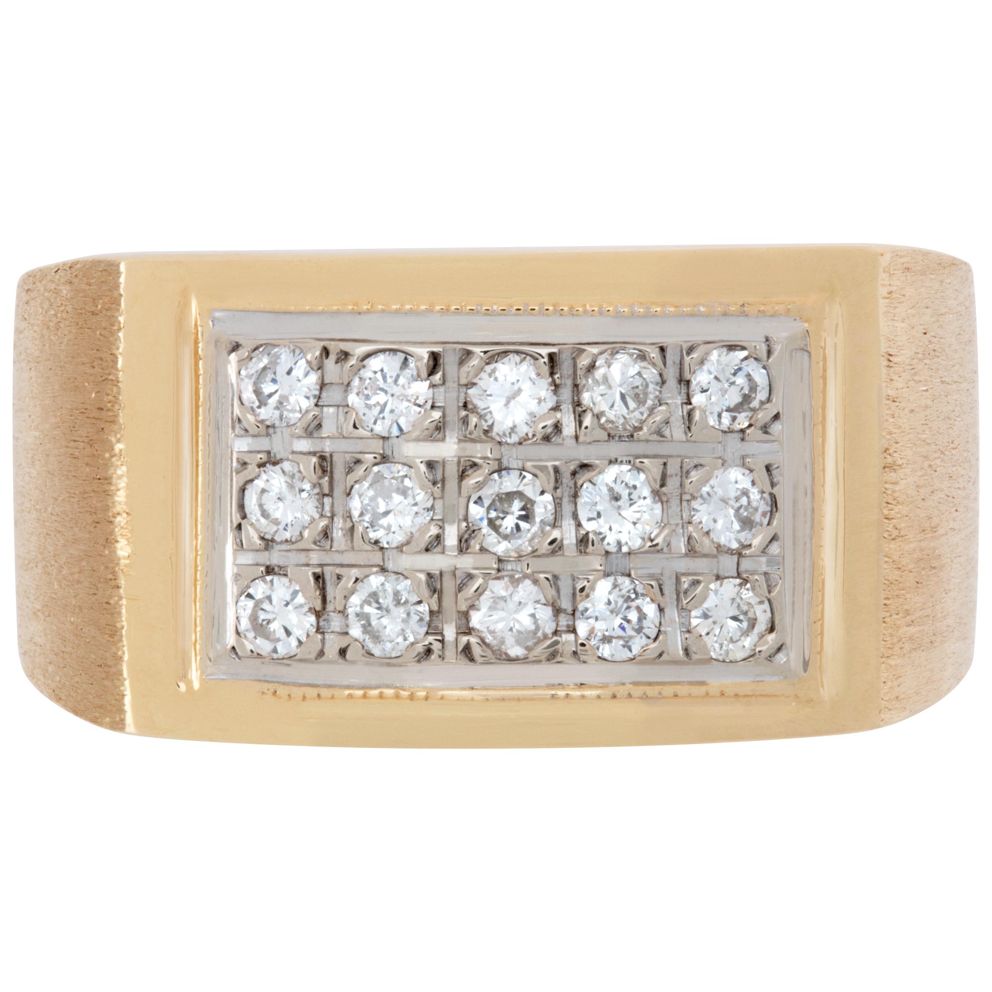 Gents solid diamond ring set in 14k yellow gold with 15 diamonds approximately 0.70 carat . Size 8. Width at head: 11.4mmx18.0mm, width at shank: 6.0mm.

This Diamond ring is currently size 8 and some items can be sized up or down, please ask! It