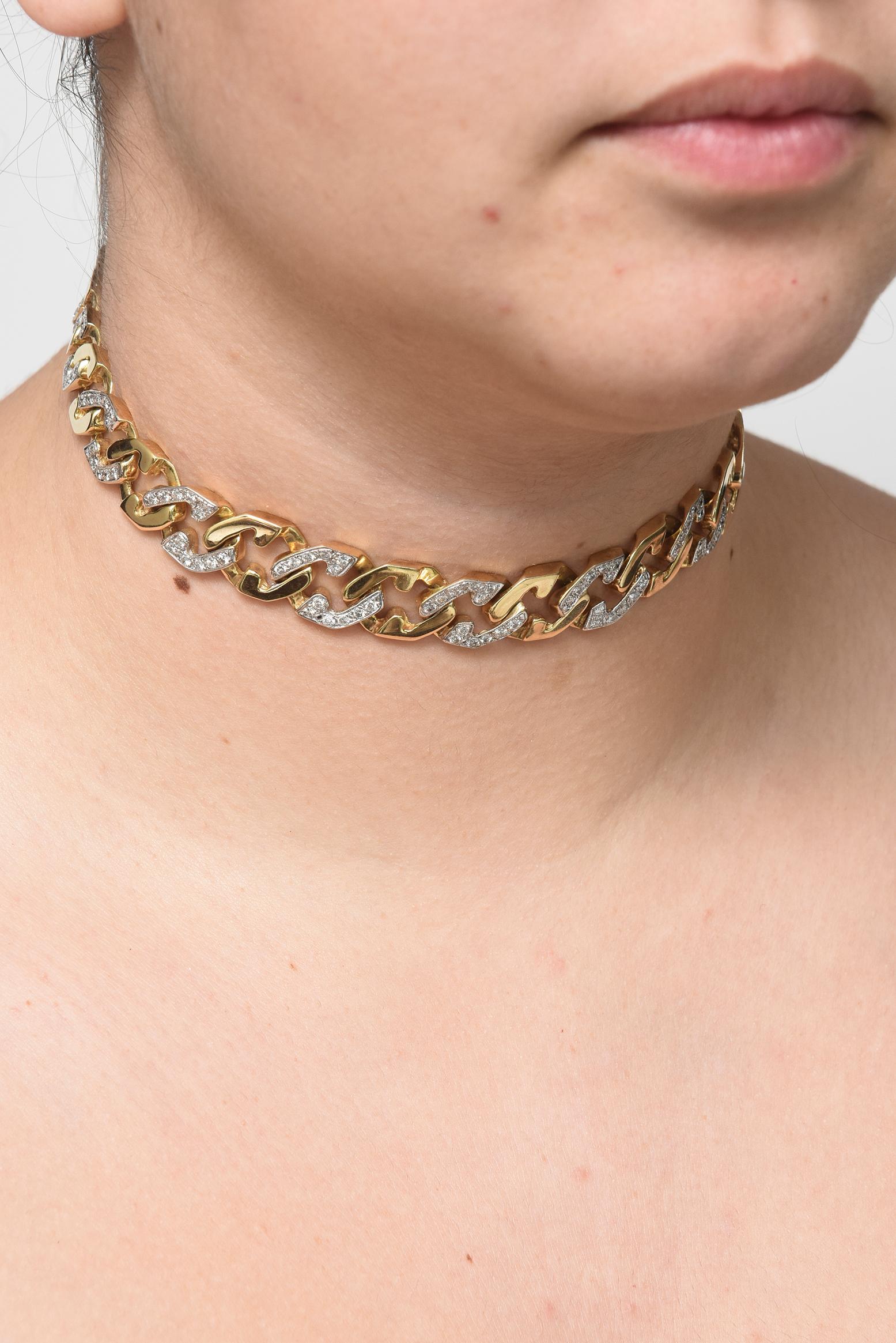 Diamond Yellow Gold Geometric Cuban Link Chain Collar Choker Necklace 3