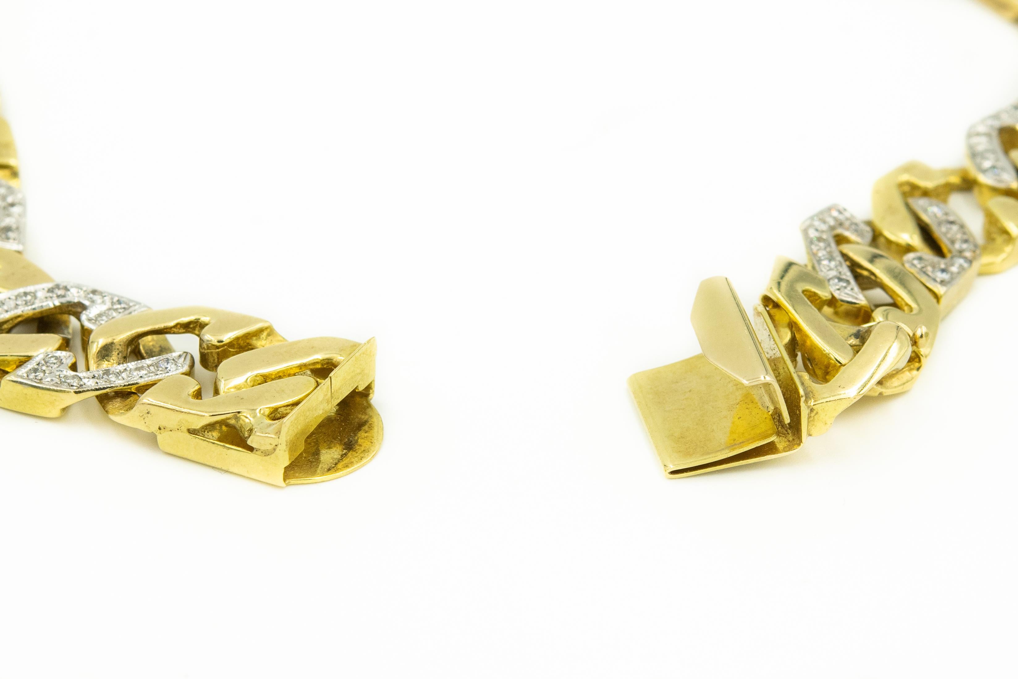 Round Cut Diamond Yellow Gold Geometric Cuban Link Chain Collar Choker Necklace