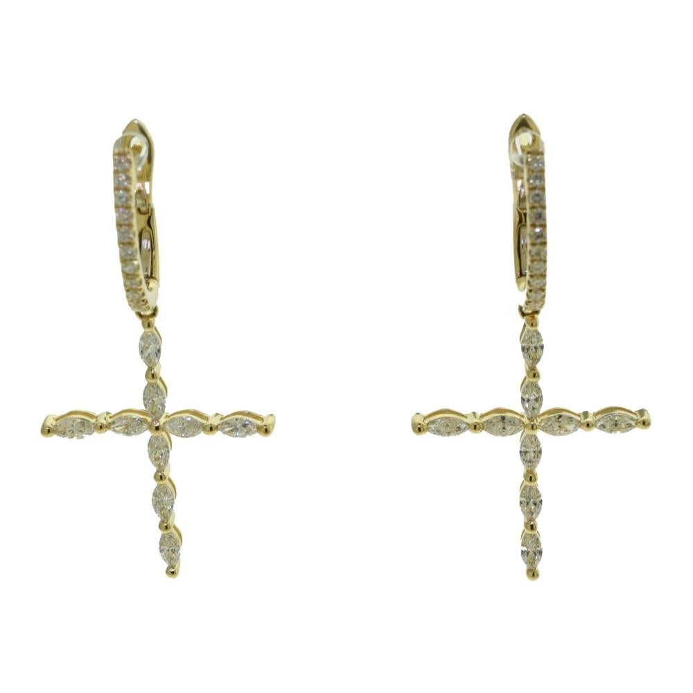 Marquise und runde Diamanten Gelbgold Heilige religiöse Kreuz Tropfen Ohrringe im Angebot