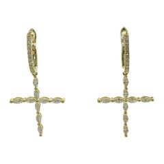 Diamond Yellow Gold Holy Religious Cross Drop Earrings