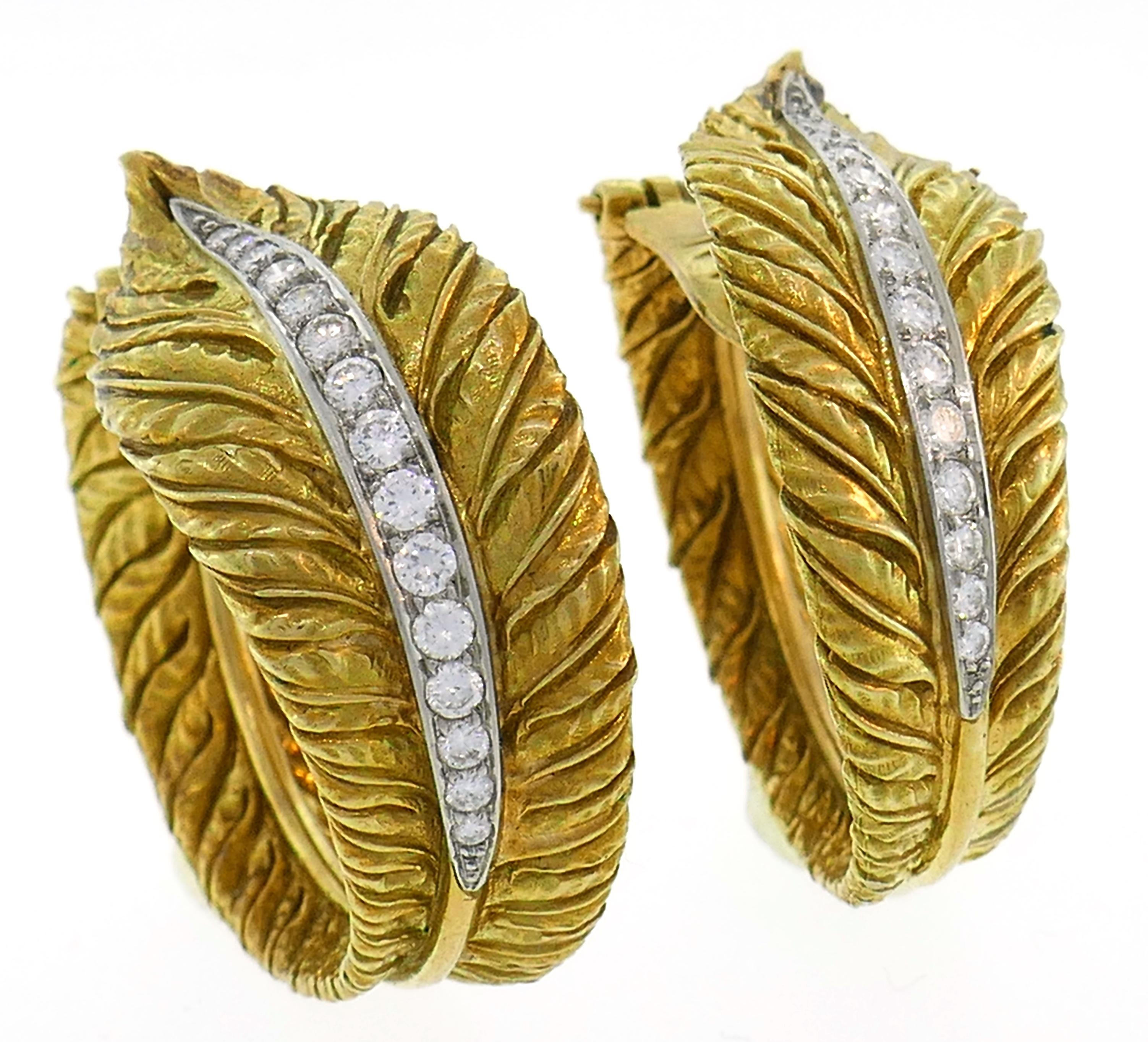 Round Cut Diamond Yellow Gold Hoop Earrings, 1980s