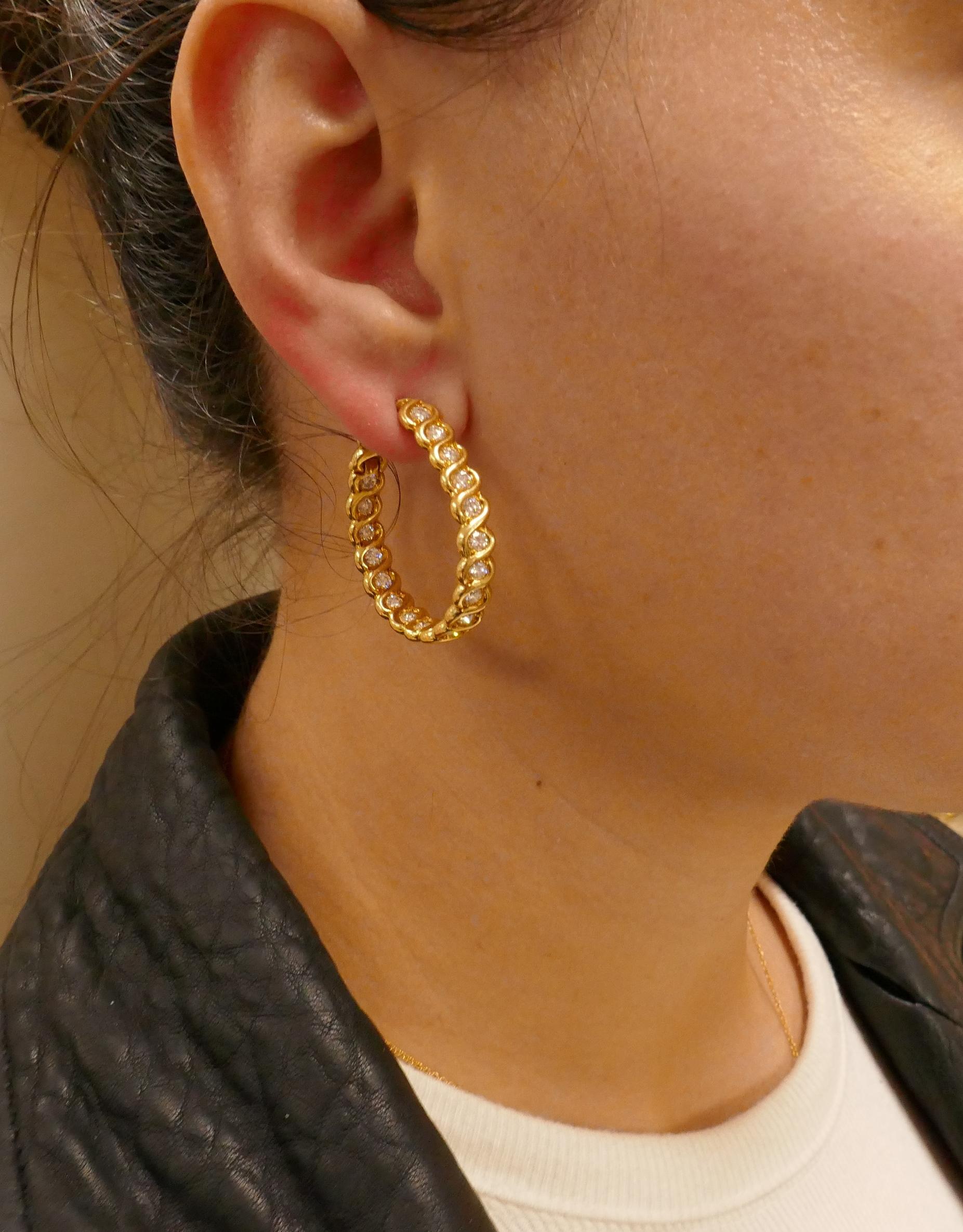Round Cut Diamond Yellow Gold Hoop Earrings, French, 1980s