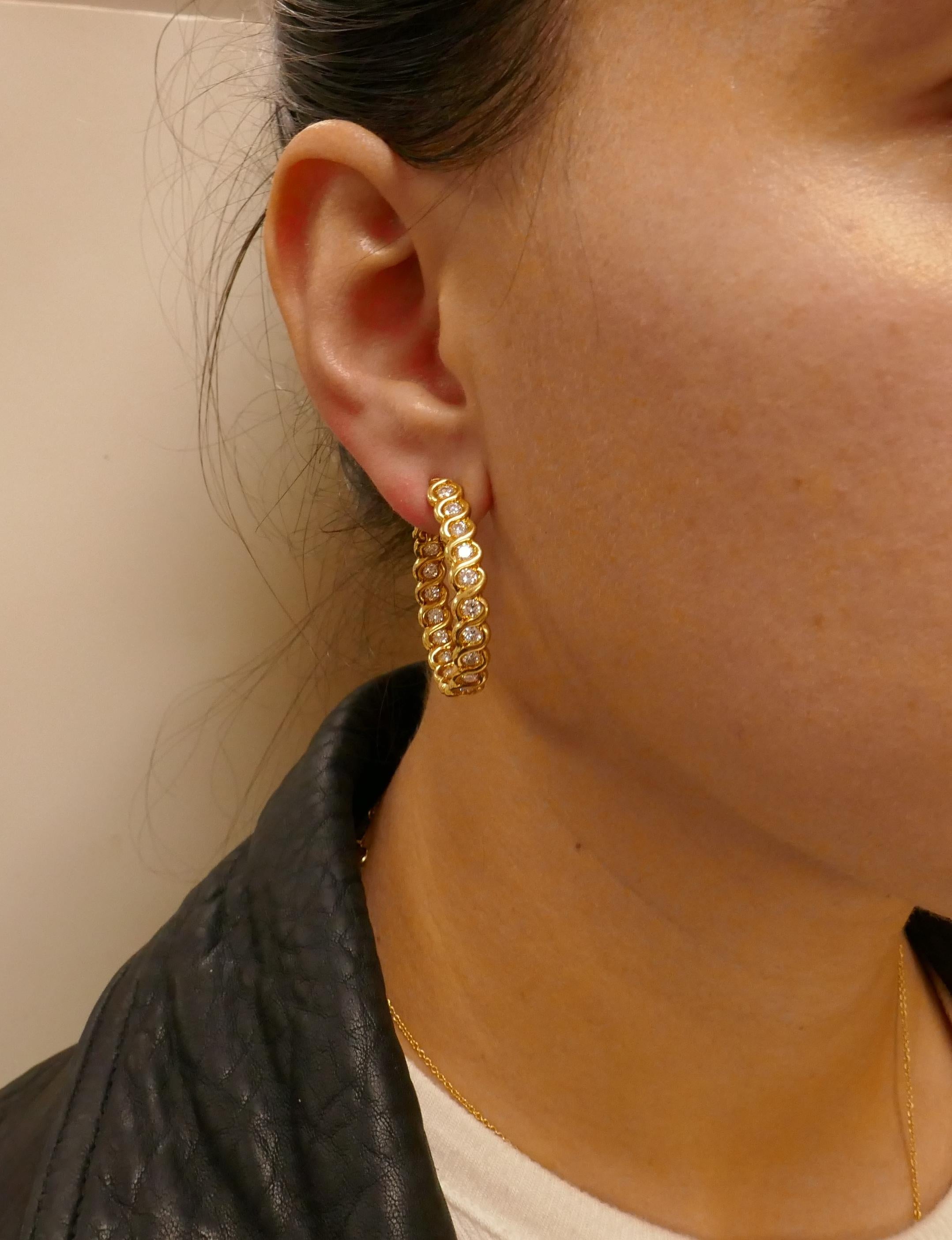 Women's Diamond Yellow Gold Hoop Earrings, French, 1980s