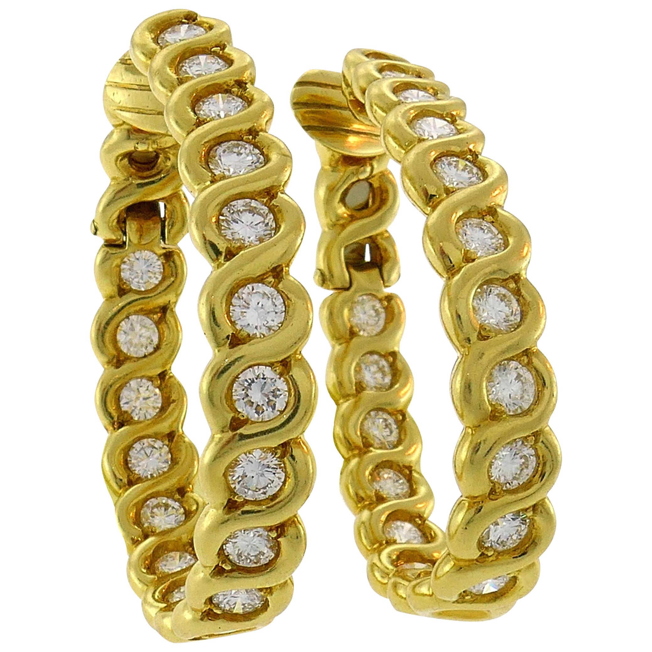 Diamond Yellow Gold Hoop Earrings, French, 1980s