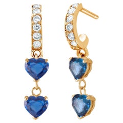 Diamond Yellow Gold Hoop Earrings with Four Heart-Shaped Blue Sapphire Drops