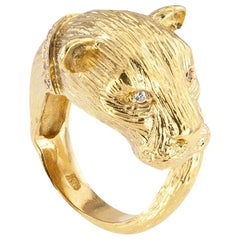 Diamond Yellow Gold Lioness Figural Ring