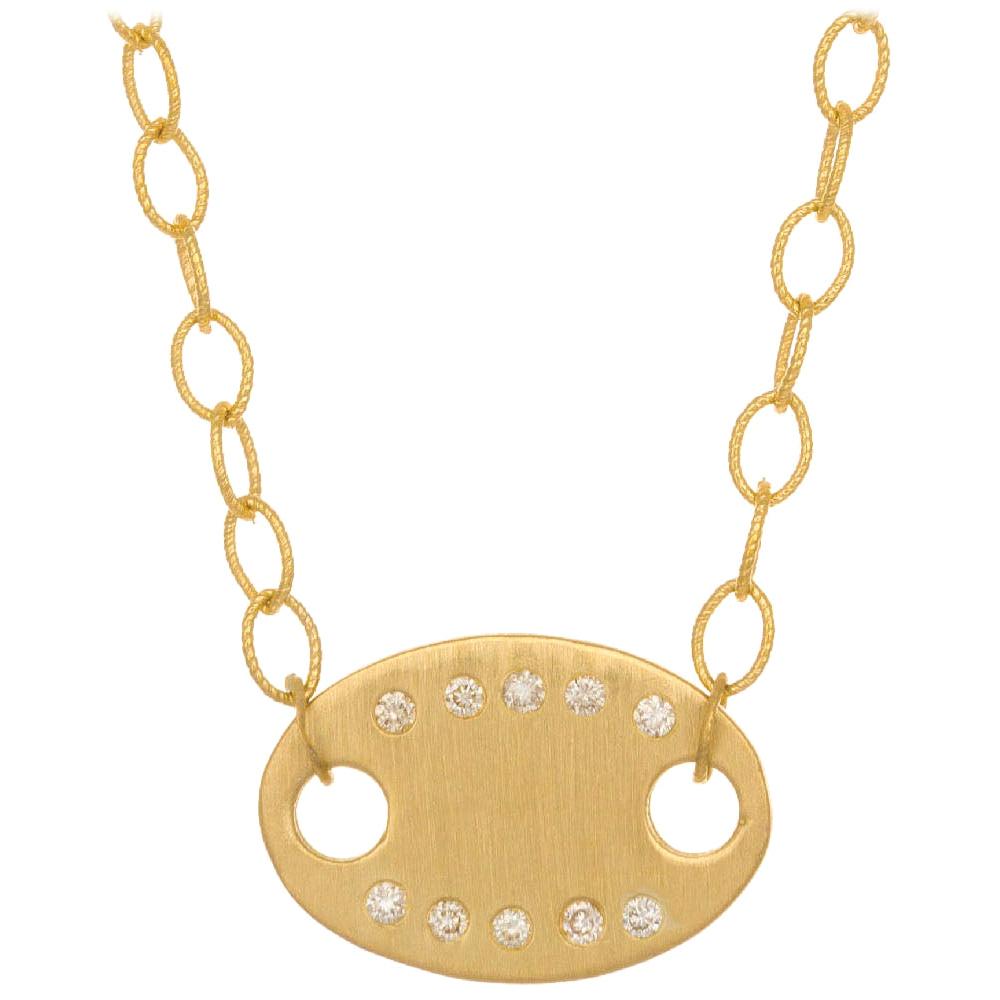 Diamond Yellow Gold Oval Pendant Necklace For Sale