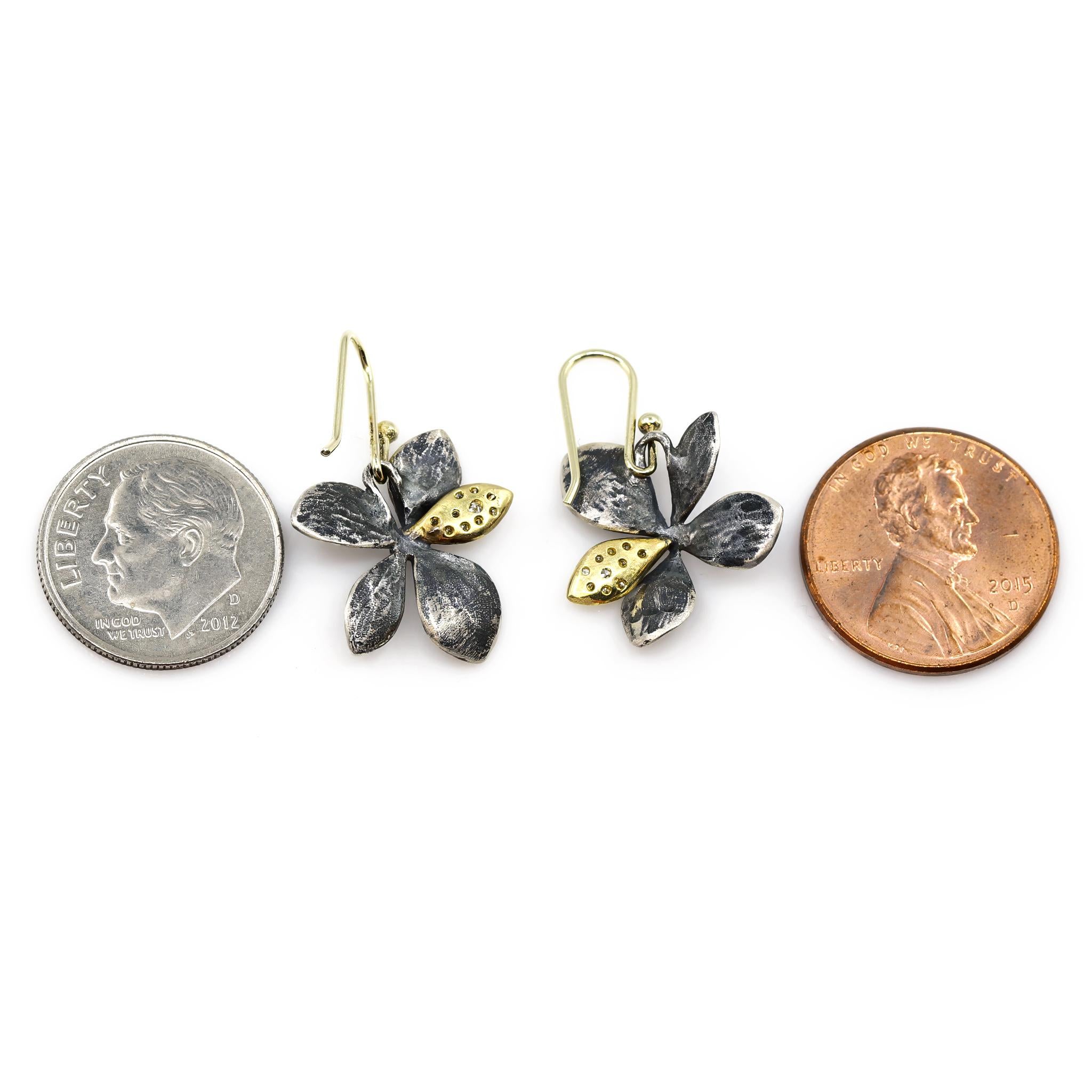 Contemporary Diamond Yellow Gold Oxidized Silver Hydrangea Drop Earrings, John Iversen 2024 For Sale