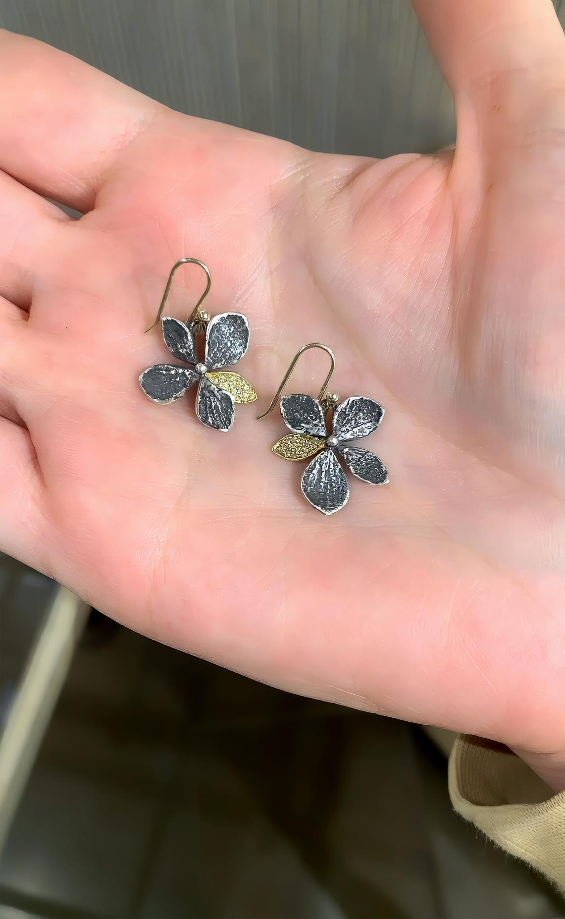 Brilliant Cut Diamond Yellow Gold Oxidized Silver Hydrangea Drop Earrings, John Iversen 2024 For Sale