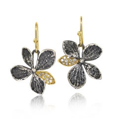 Diamond Yellow Gold Oxidized Silver Hydrangea Drop Earrings, John Iversen 2024